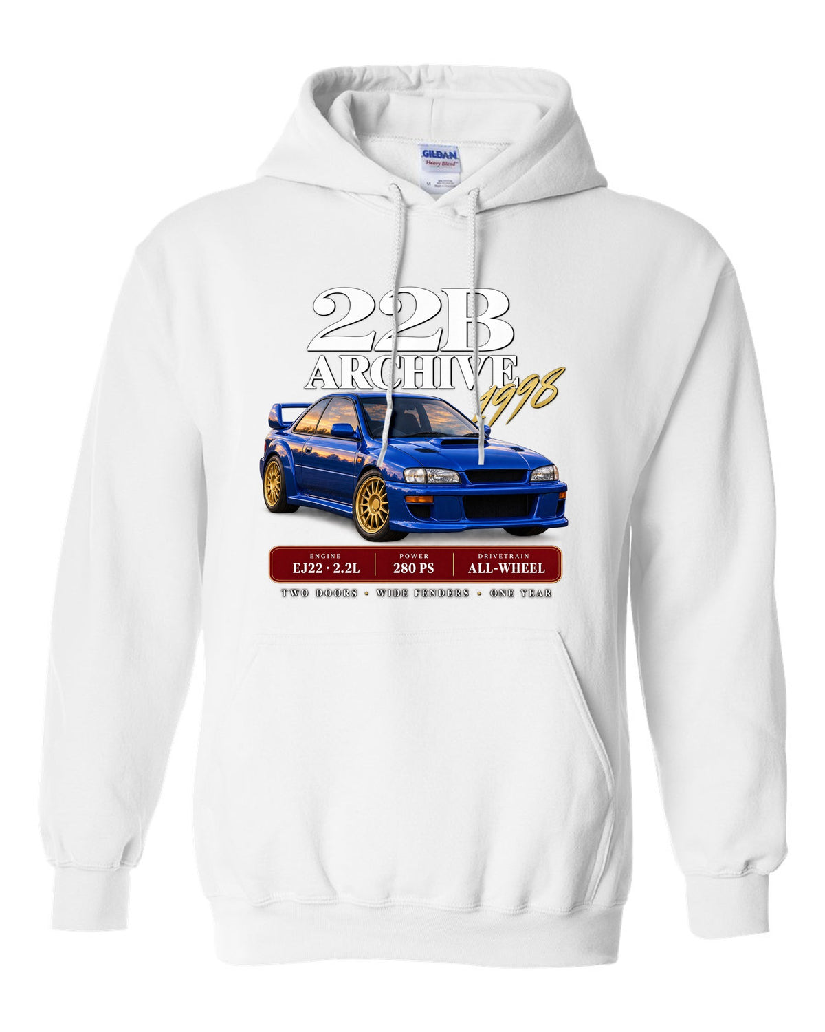 Subaru Impreza 22B STI 1998 archive panel with EJ22 2.2L 280 PS specs white pull over hoodie front view with the design