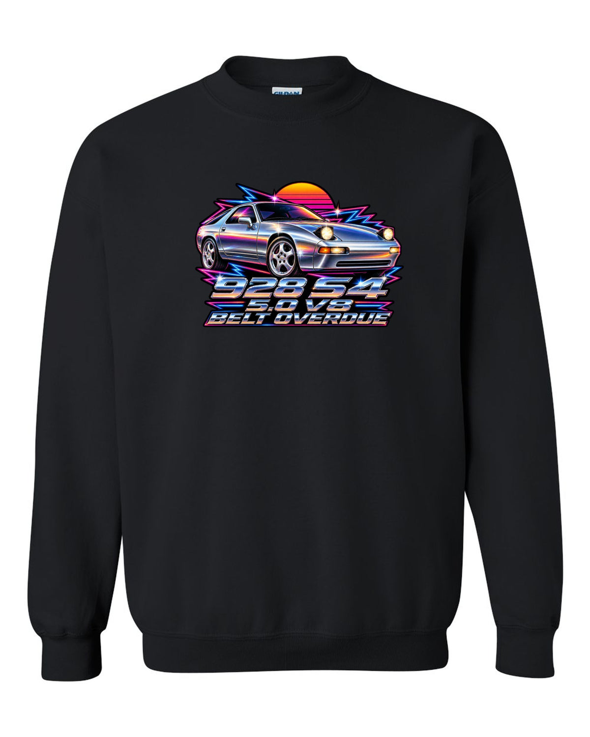 Porsche 928 S4 80s airbrush chrome design with pop-up headlights black crewneck front view with the design