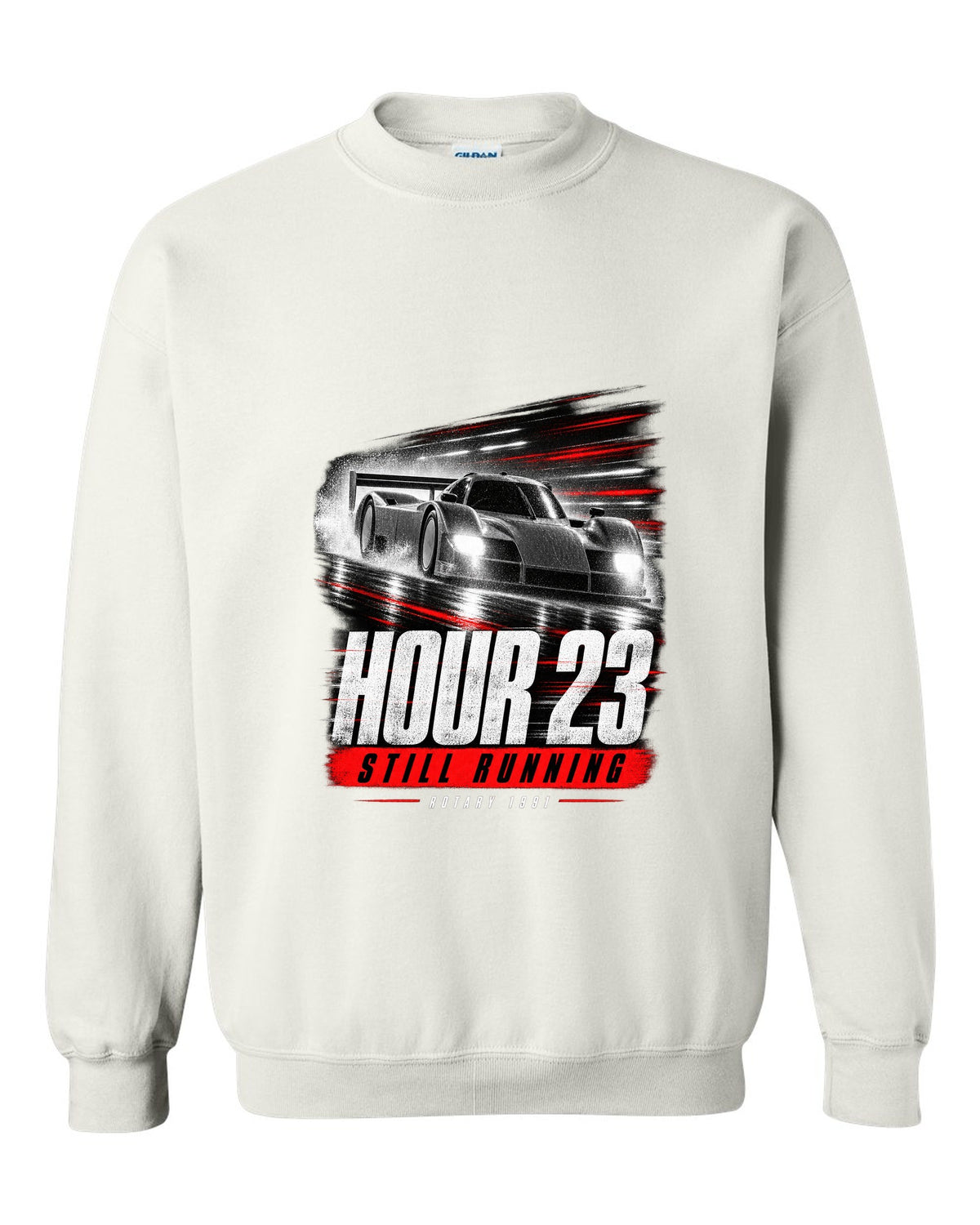 Cropped Mazda 787B race poster reading hour 23 still running rotary 1991 white crewneck front view with the design