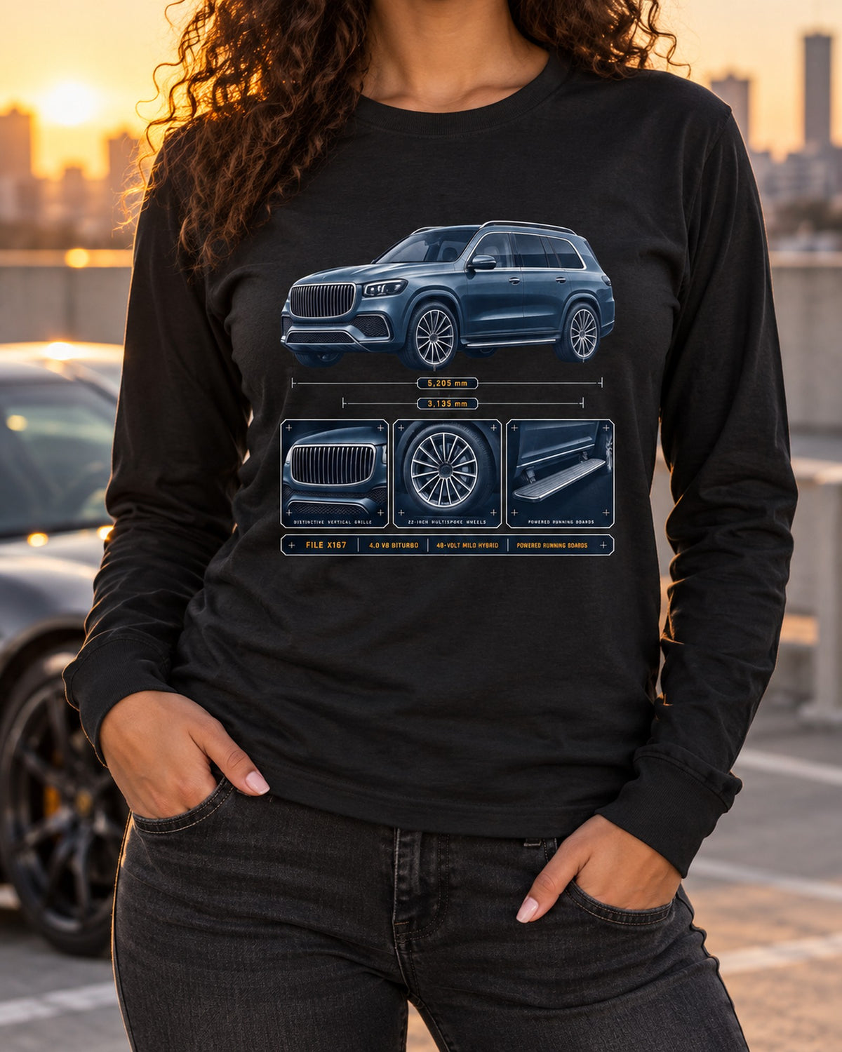 Mercedes-Maybach GLS 600 X167 Dossier print, SUV Car Tee Long Sleeve Black worn hero