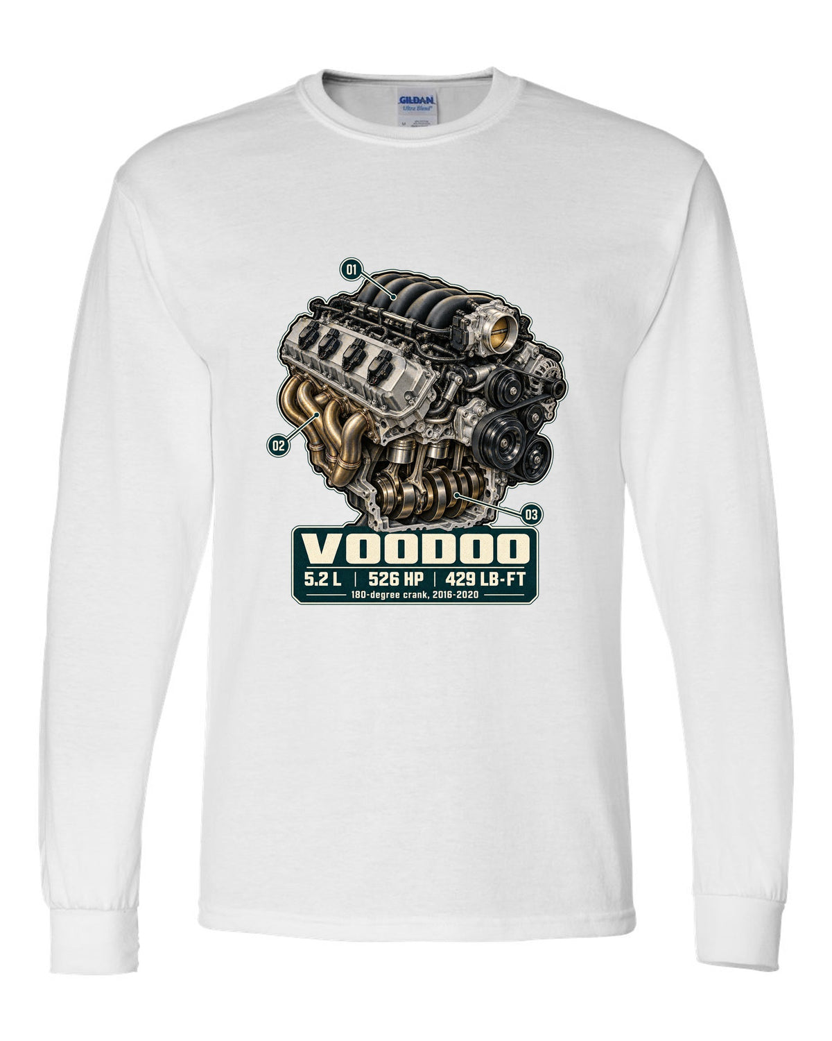 Ford Mustang S550 Shelby GT350 Voodoo 5.2 L engine hero print white long sleeve front view with the design
