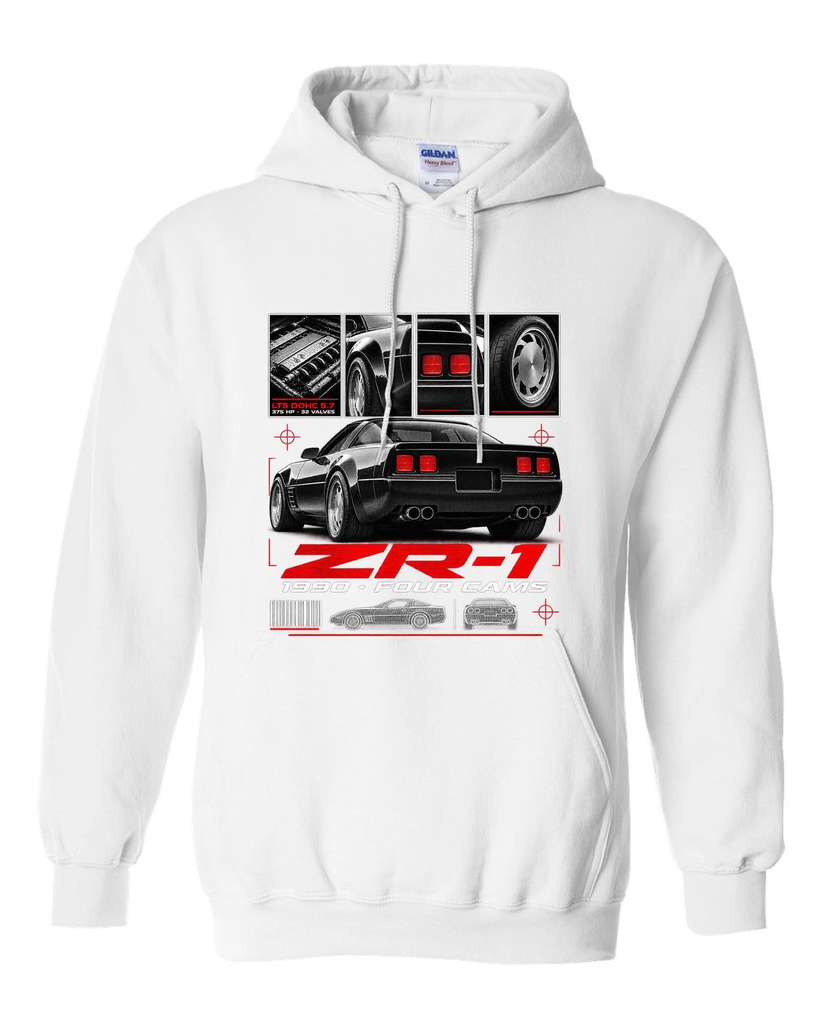 Chevrolet Corvette C4 ZR-1 1990 LT5 dossier print wide rear white pull over hoodie front view with the design