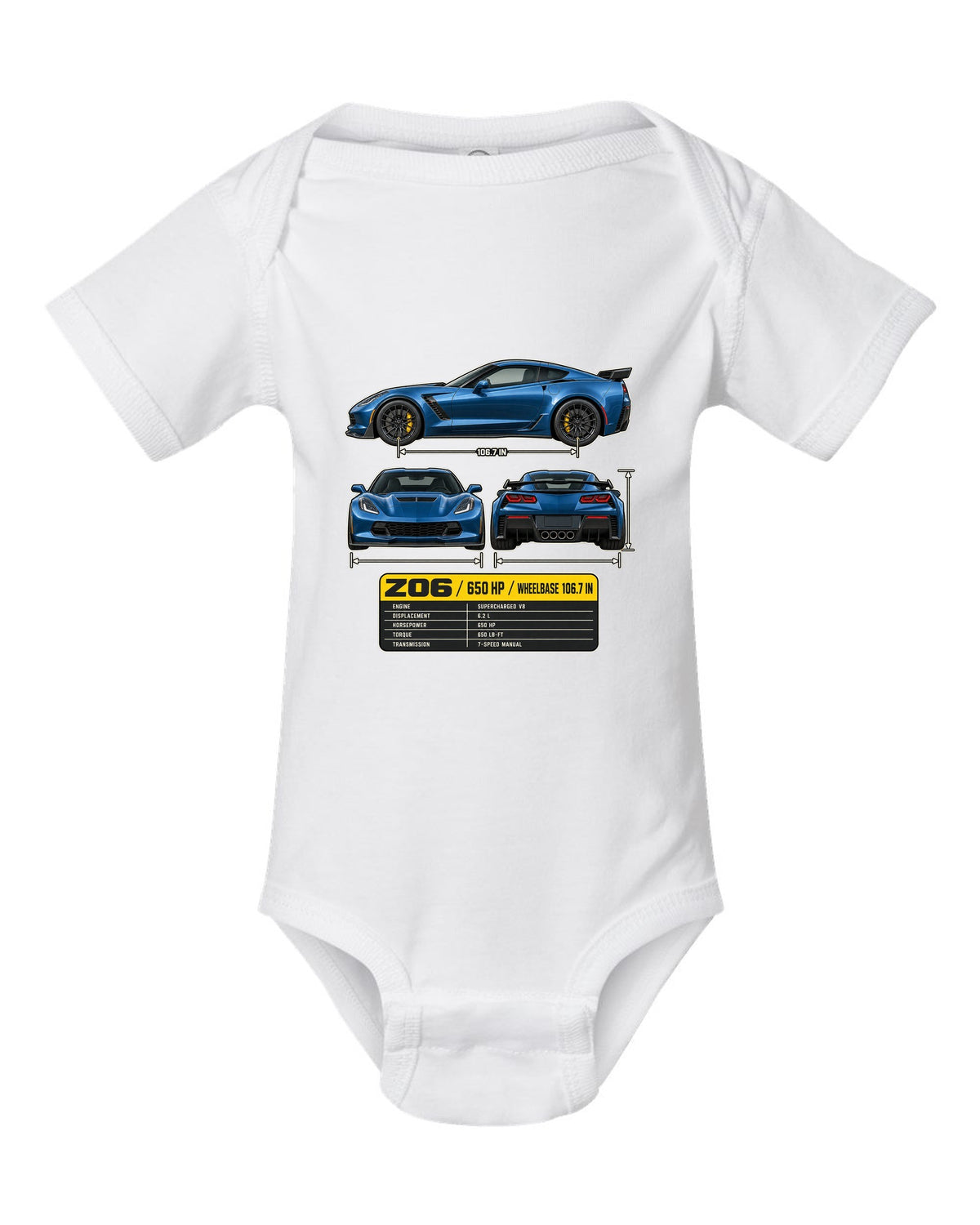 print of a Chevrolet Corvette C7 Z06 three-view drawing with a spec table white baby onesie front view with the design