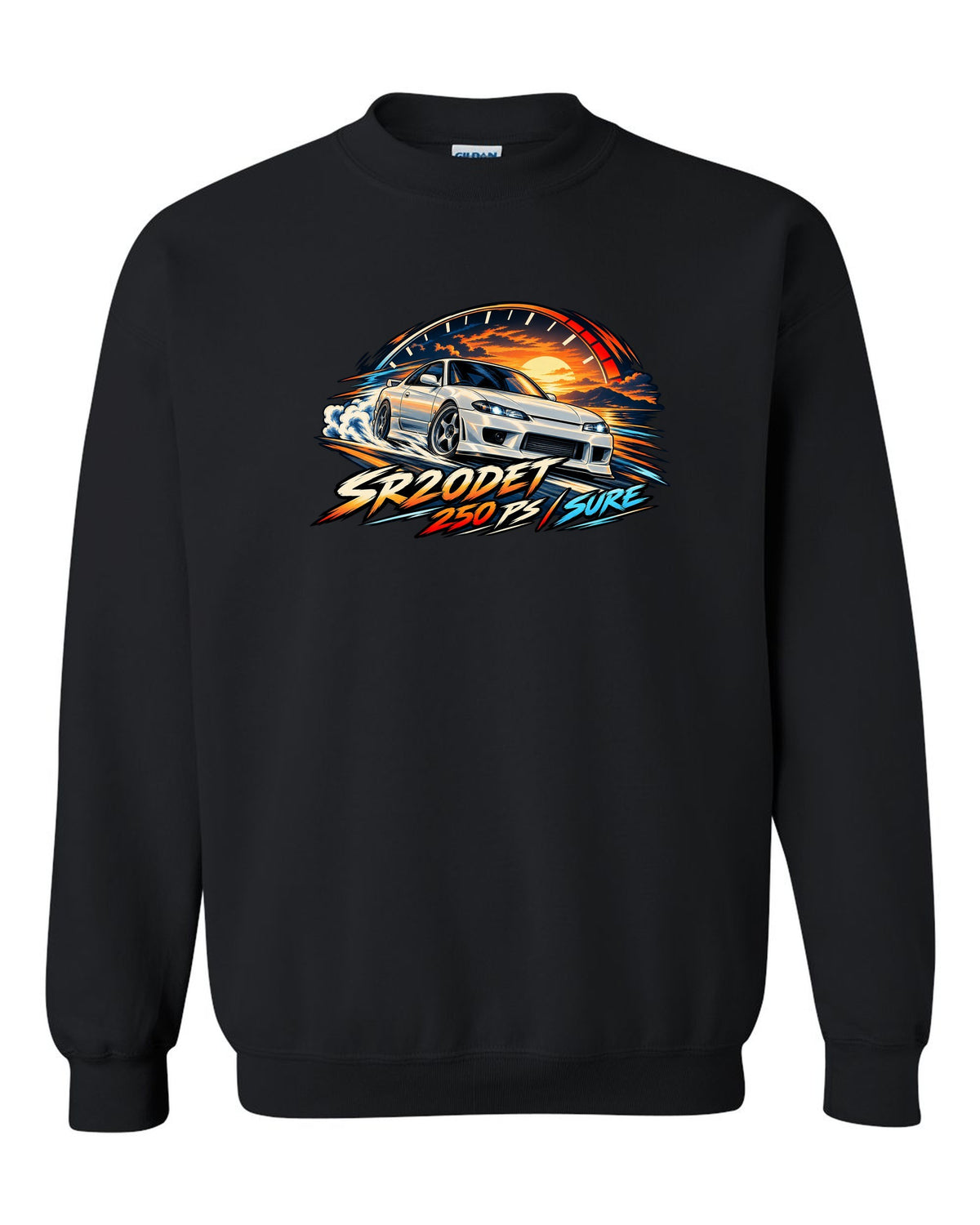 Cel-shaded anime print of a Nissan Silvia S15 with redline arc and SR20DET 250 PS text black crewneck front view with the design