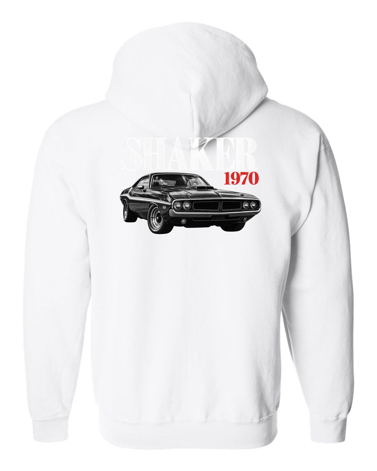 Editorial headline print of a 1970 Dodge Challenger R/T Shaker with 440 Six Pack text white zip hoodie back view with the design