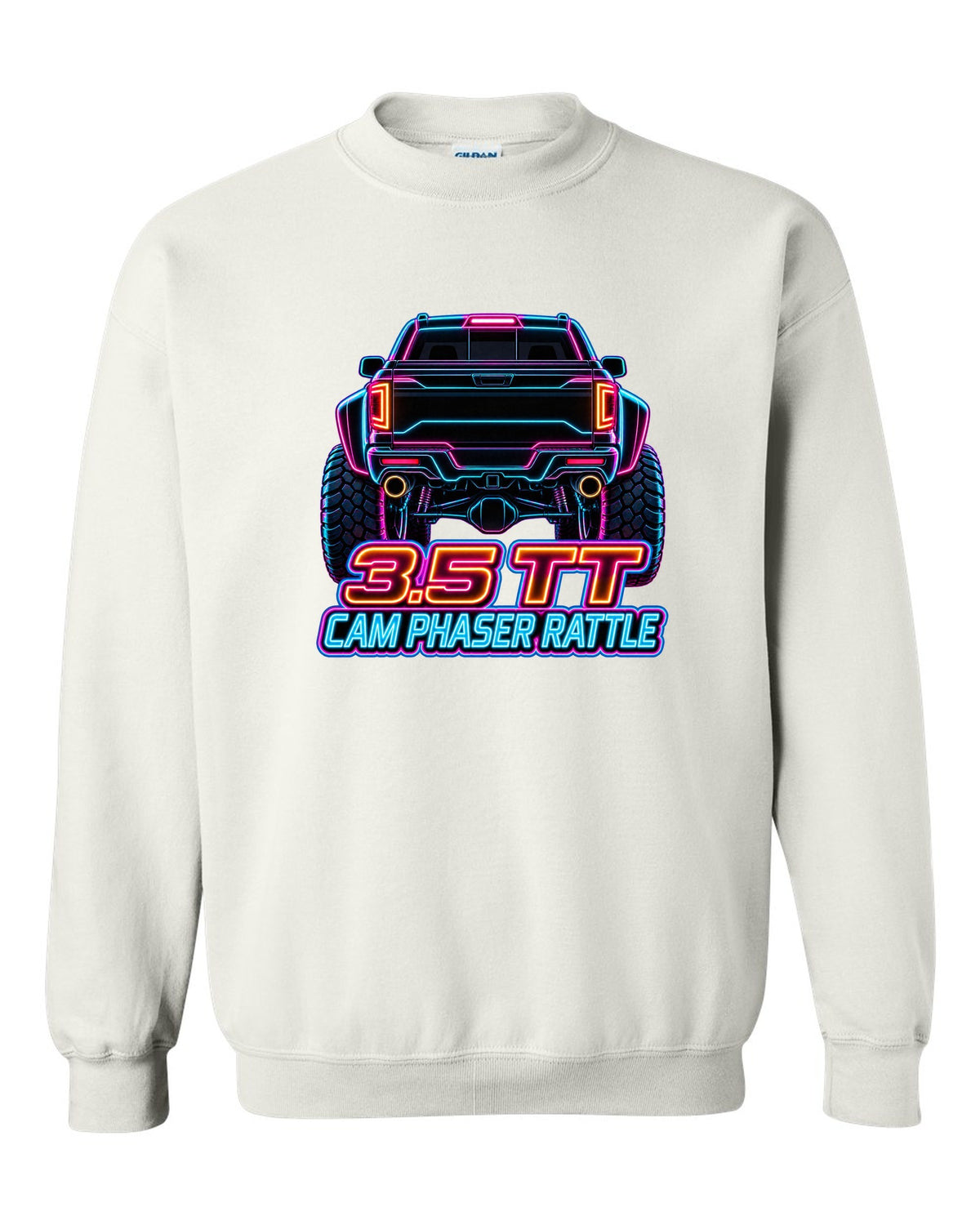 Neon outline print of a 2017-2020 Ford F-150 Raptor Gen 2 P552 taillights on black white crewneck front view with the design