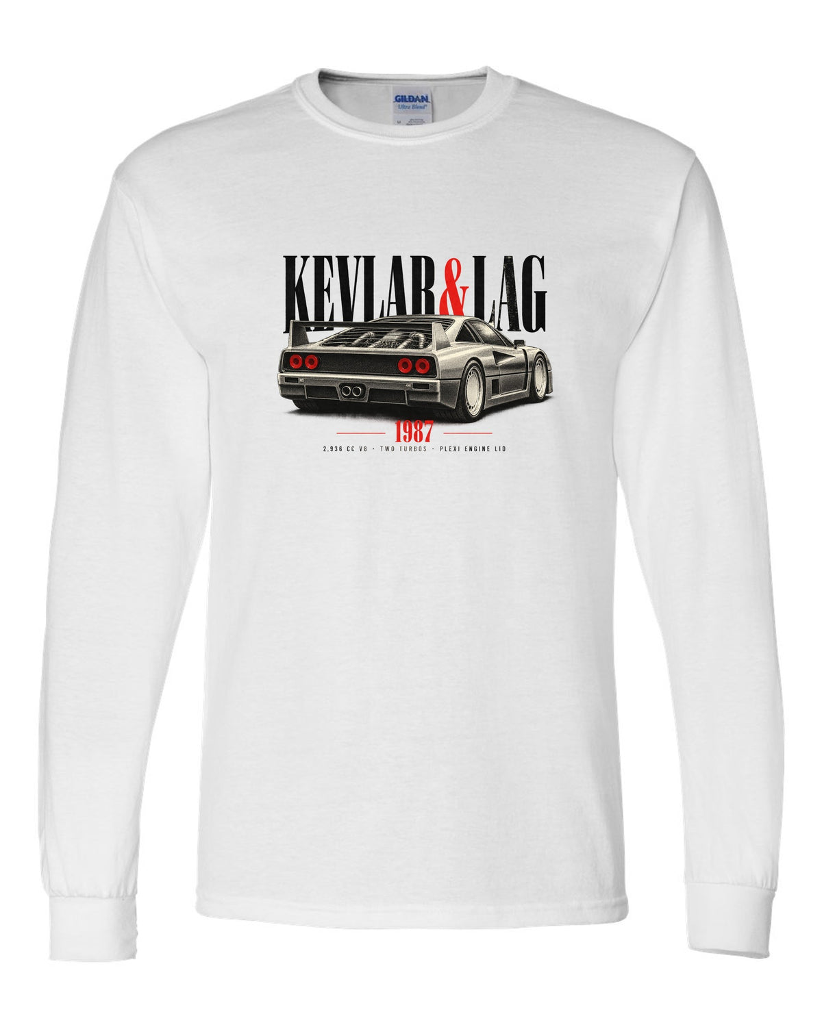 Ferrari F40 1987 rear three-quarter print headed Kevlar and Lag, 2,936 cc V8 white long sleeve front view with the design