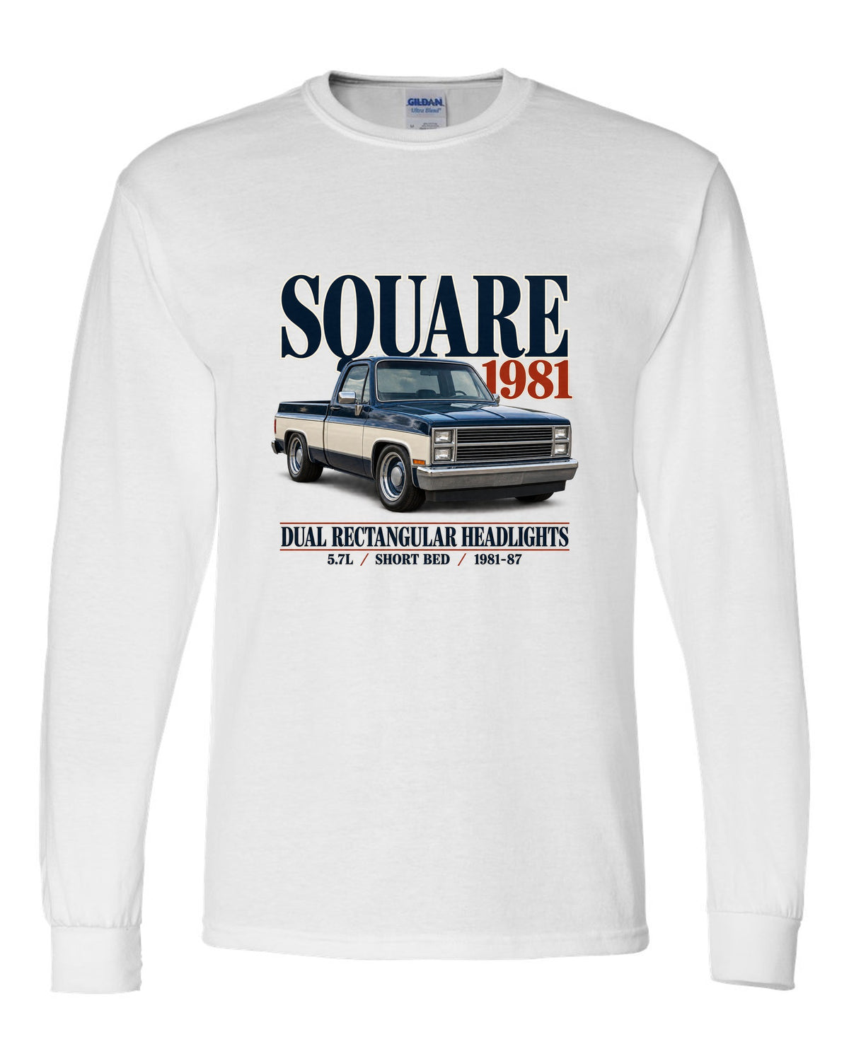 Editorial print of a 1981-87 Chevrolet C10 Squarebody in Silverado trim white long sleeve front view with the design