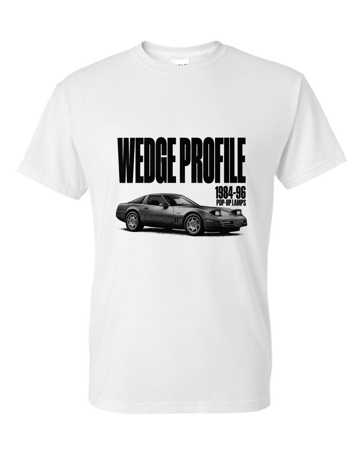 Chevrolet Corvette C4 1989 coupe wedge profile halftone print white t-shirt front view with the design