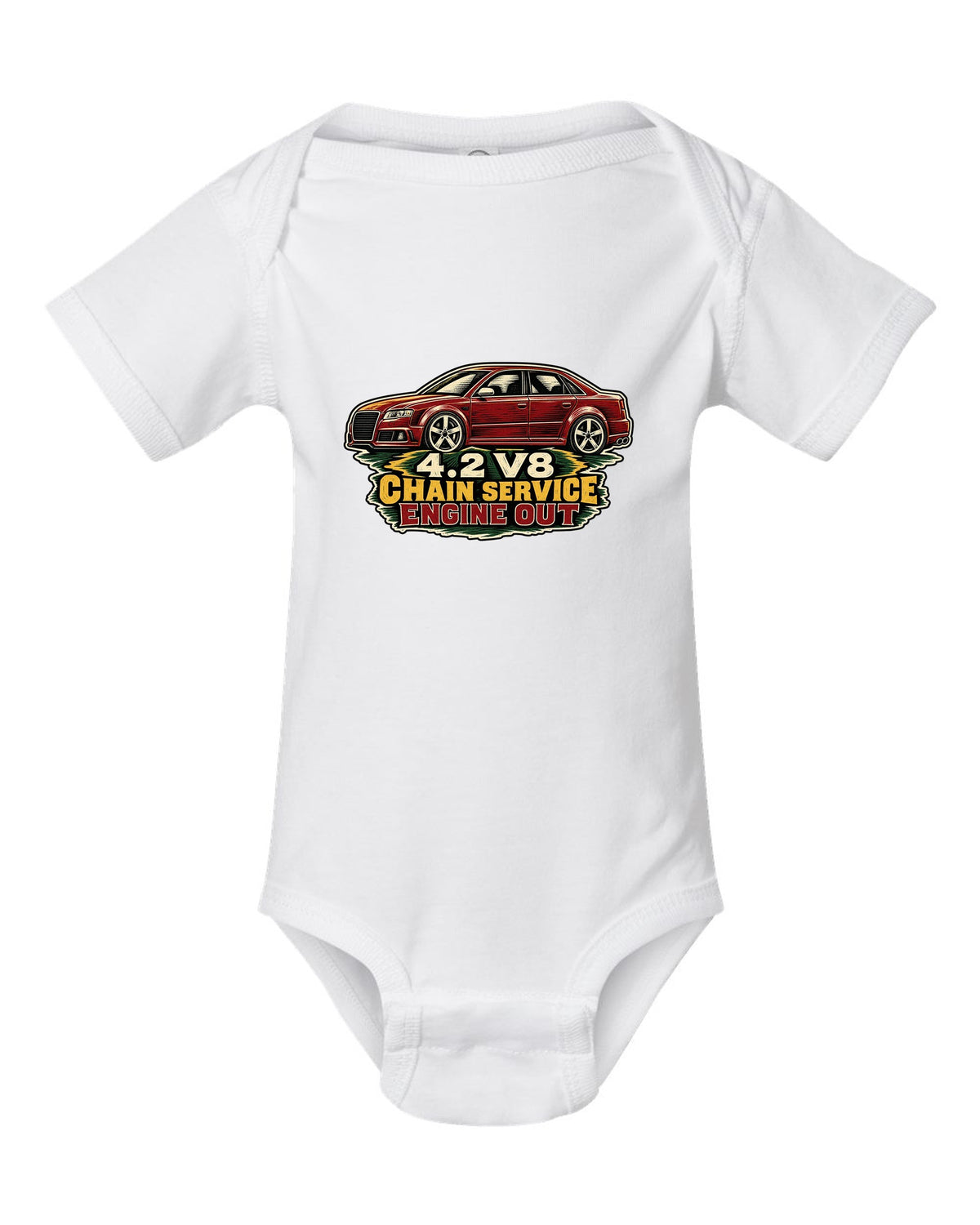 Linocut style print of an Audi S4 B7 sedan with 4.2 V8 chain service text white baby onesie front view with the design