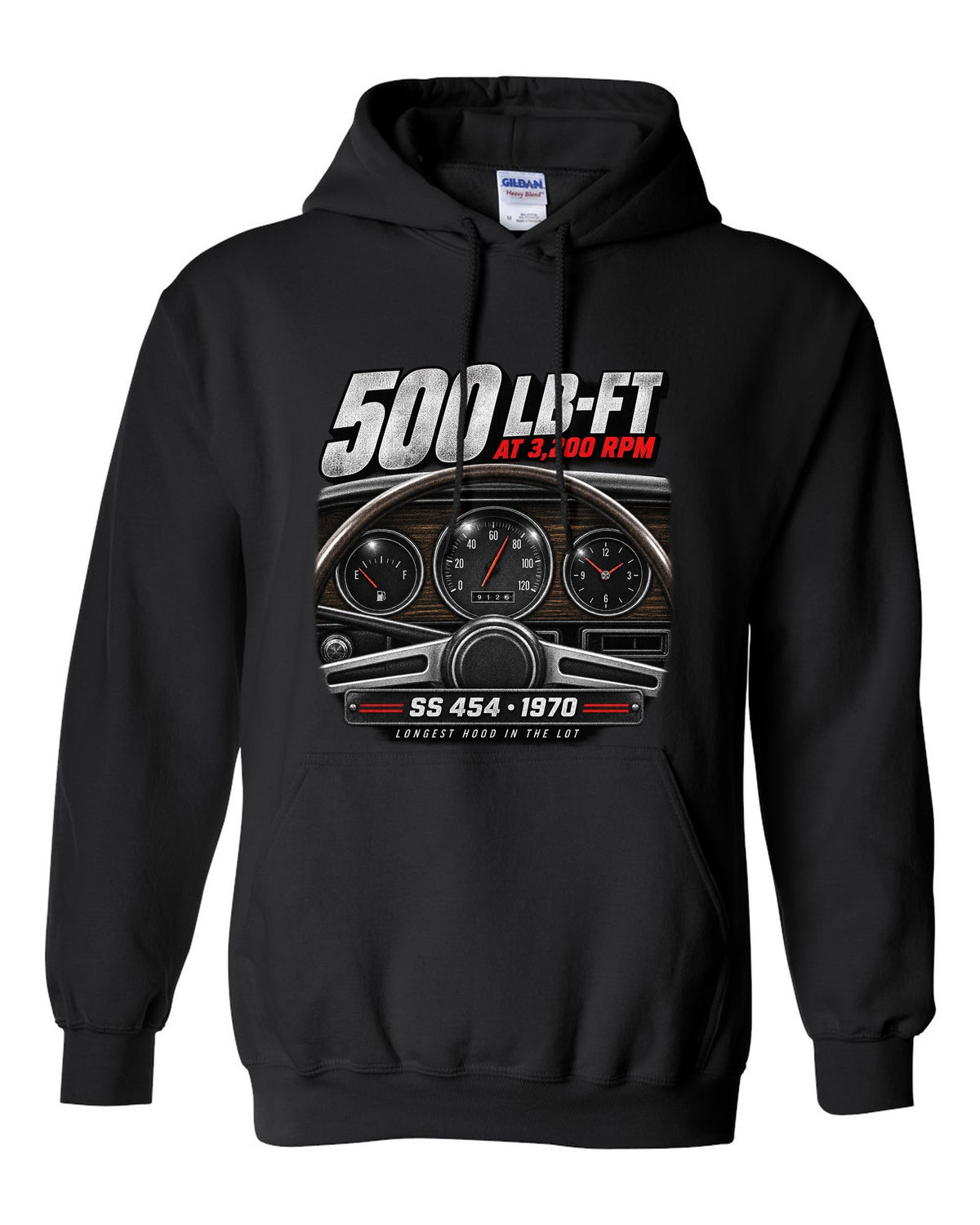 1970 Monte Carlo SS 454 gauge cockpit print with 500 lb-ft torque text black pull over hoodie front view with the design