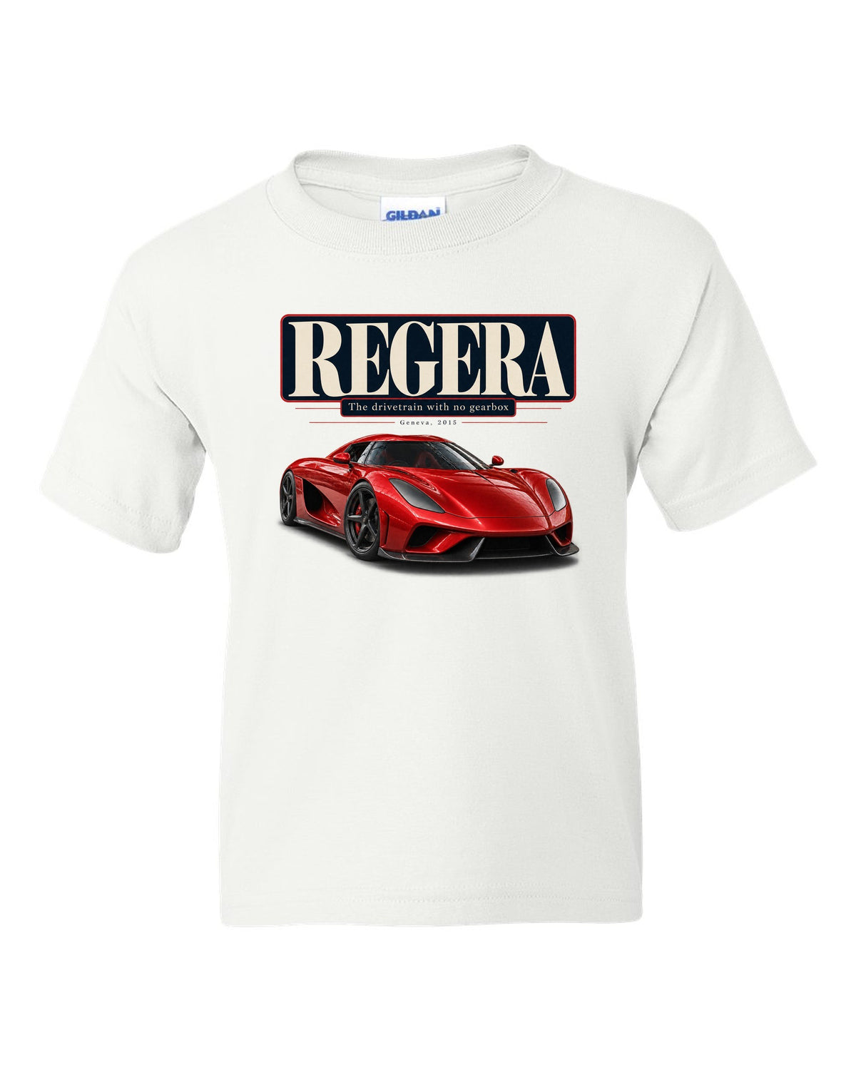 Editorial headline poster of the Koenigsegg Regera about its drivetrain, print white kids tee front view with the design