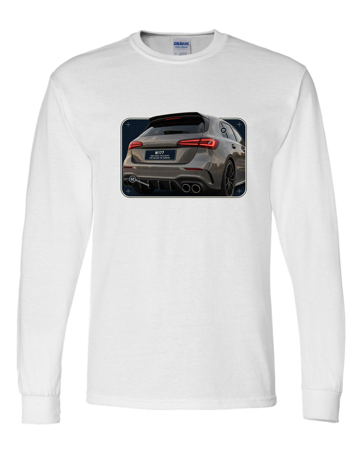 Mercedes-AMG A45 S W177 rear taillight macro detail print white long sleeve front view with the design
