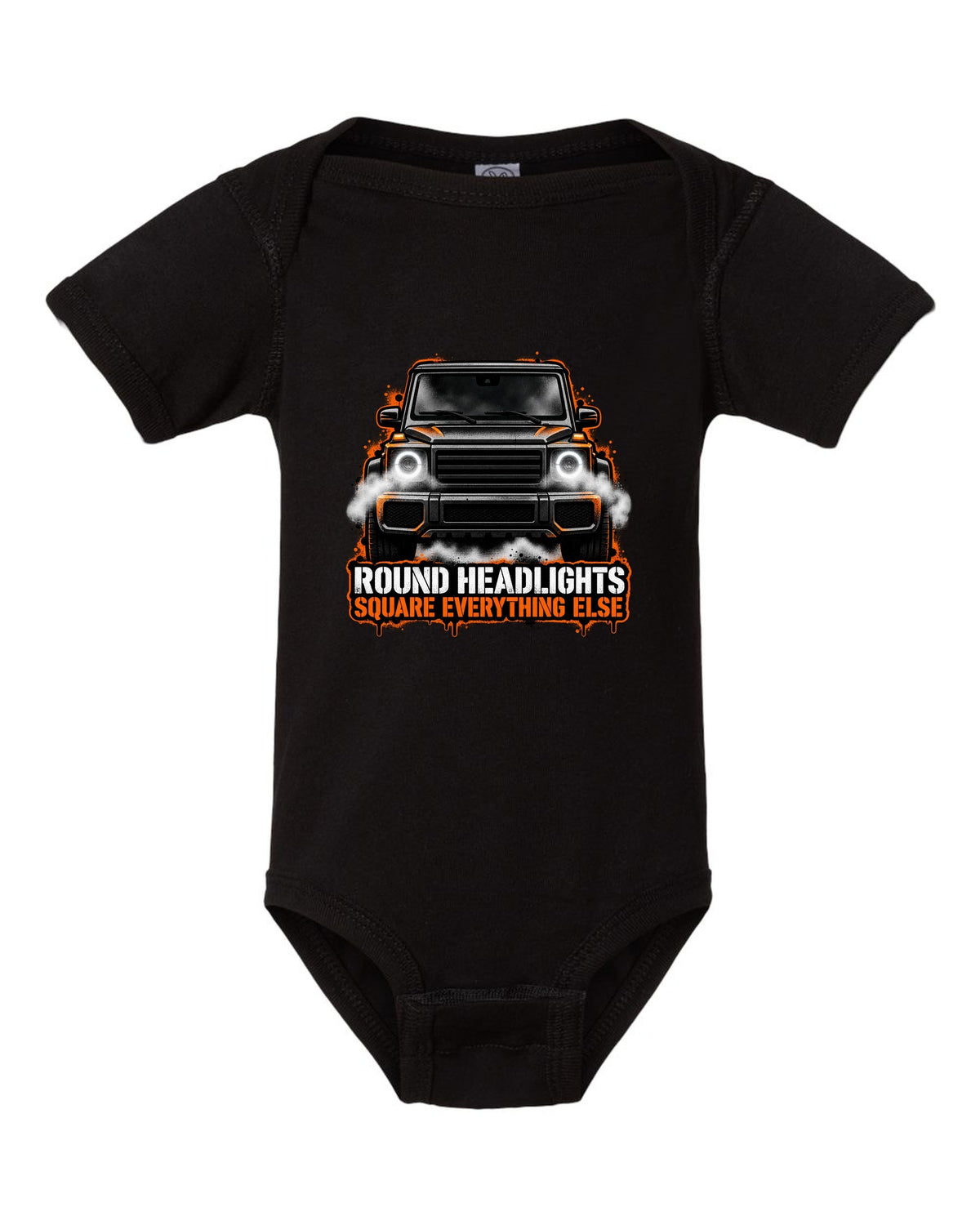Sticker-bomb collage graphic with the word Clunk for a Mercedes G-Class W463, print black baby onesie front view with the design