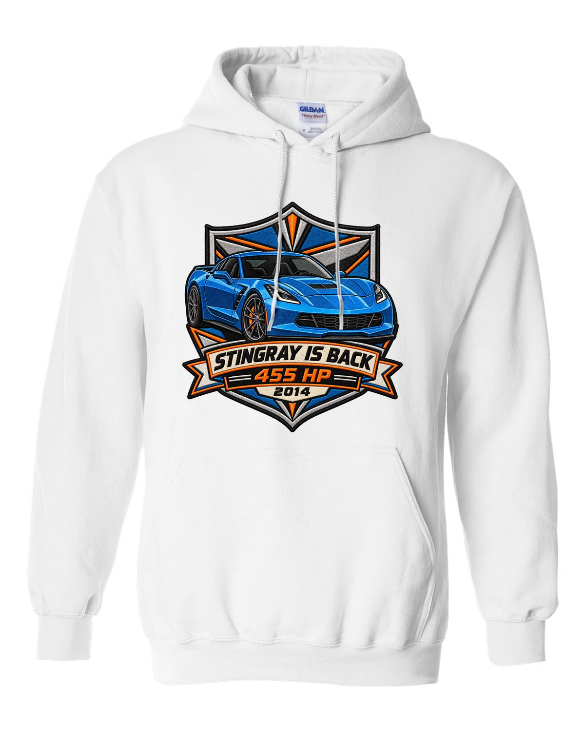 Varsity crest style print of a 2014 Chevrolet Corvette C7 Stingray with 455 HP and gill vent detail white pull over hoodie front view with the design