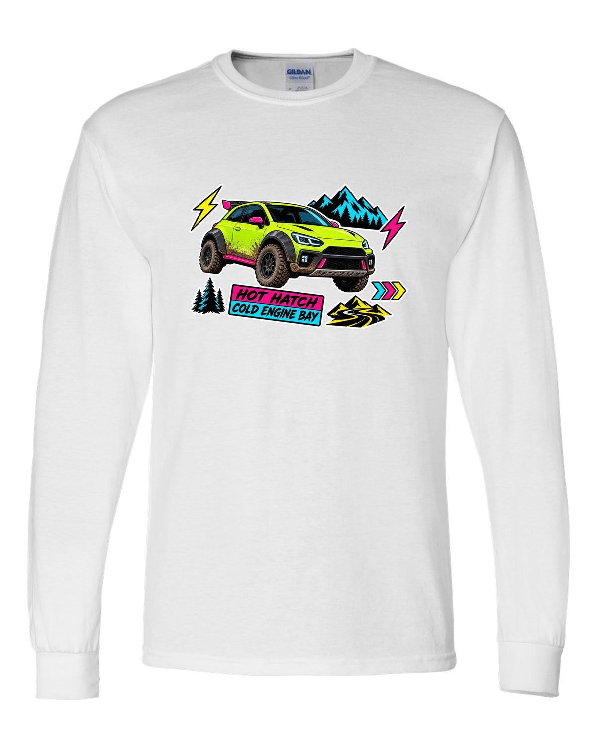 Rivian R3X die-cut slap sticker collage print with the text hot ch cold engine bay white long sleeve front view with the design