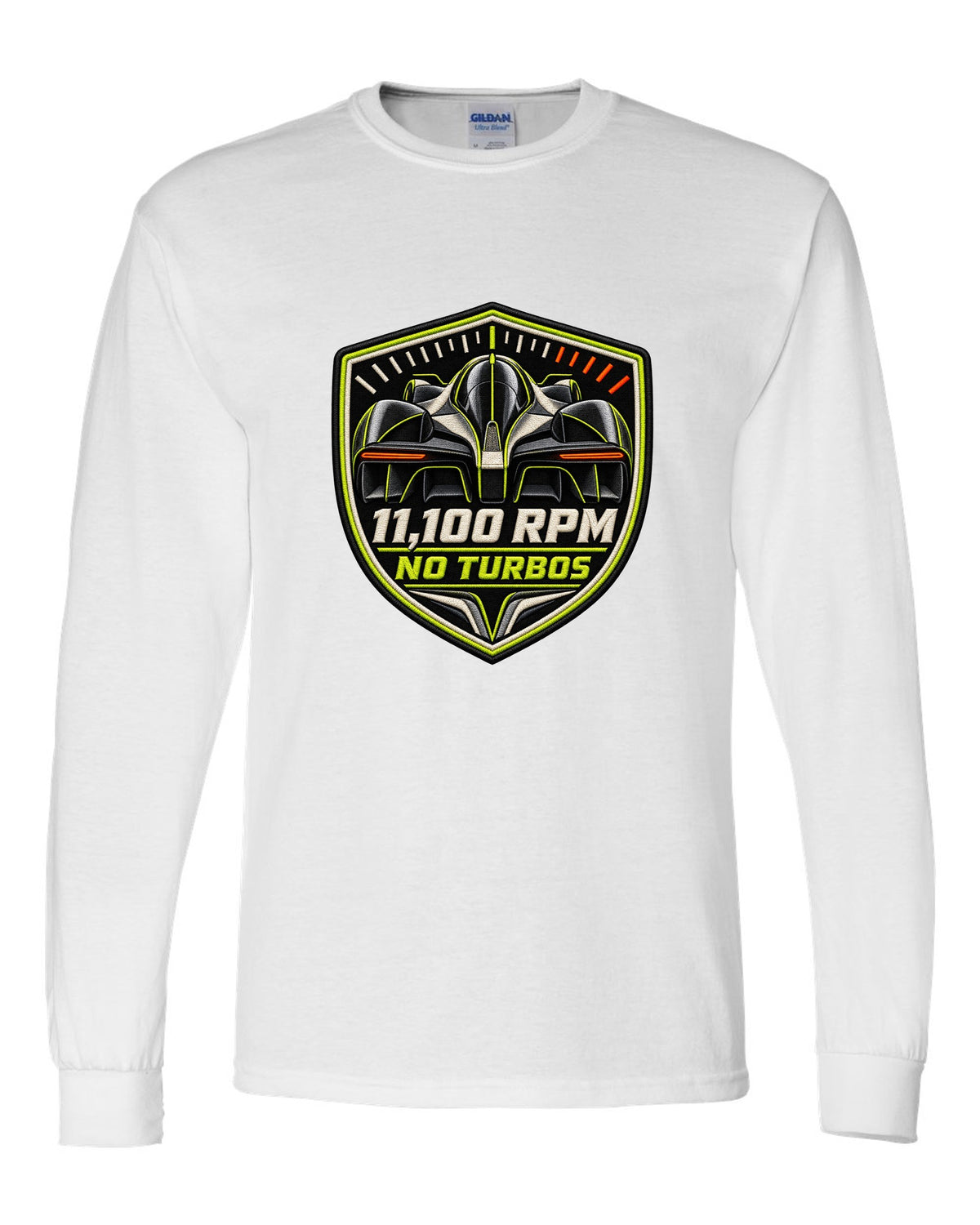 Embroidery-style varsity print for the Aston Martin Valkyrie with 11,100 rpm and no turbos lettering white long sleeve front view with the design