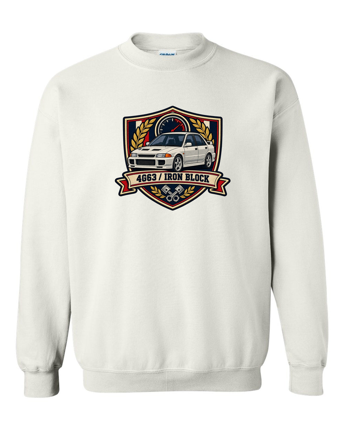 Mitsubishi Lancer Evolution I CD9A embroidered varsity crest print, 4G63 / IRON BLOCK white crewneck front view with the design