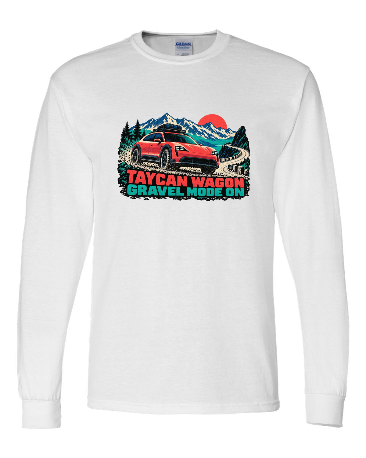 Porsche Taycan Cross Turismo Y1B risograph print with the text Taycan wagon gravel mode on white long sleeve front view with the design