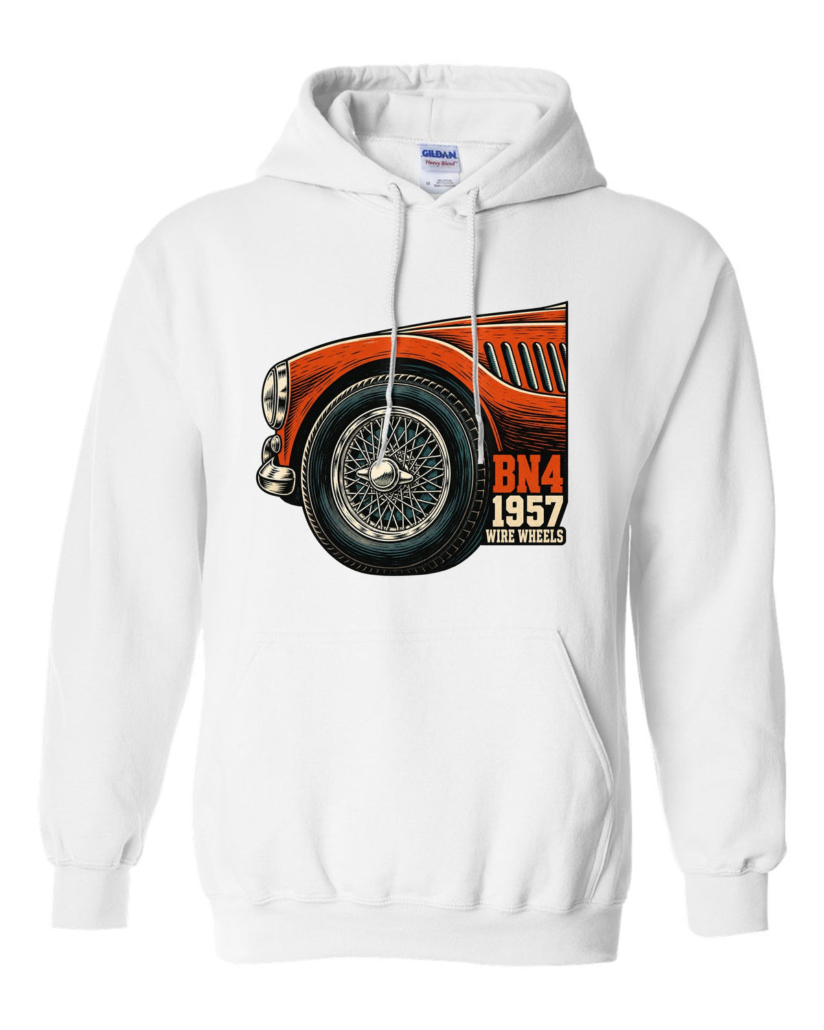 Linocut close-up of a wire wheel on a 1957 Austin-Healey 100-Six BN4 white pull over hoodie front view with the design