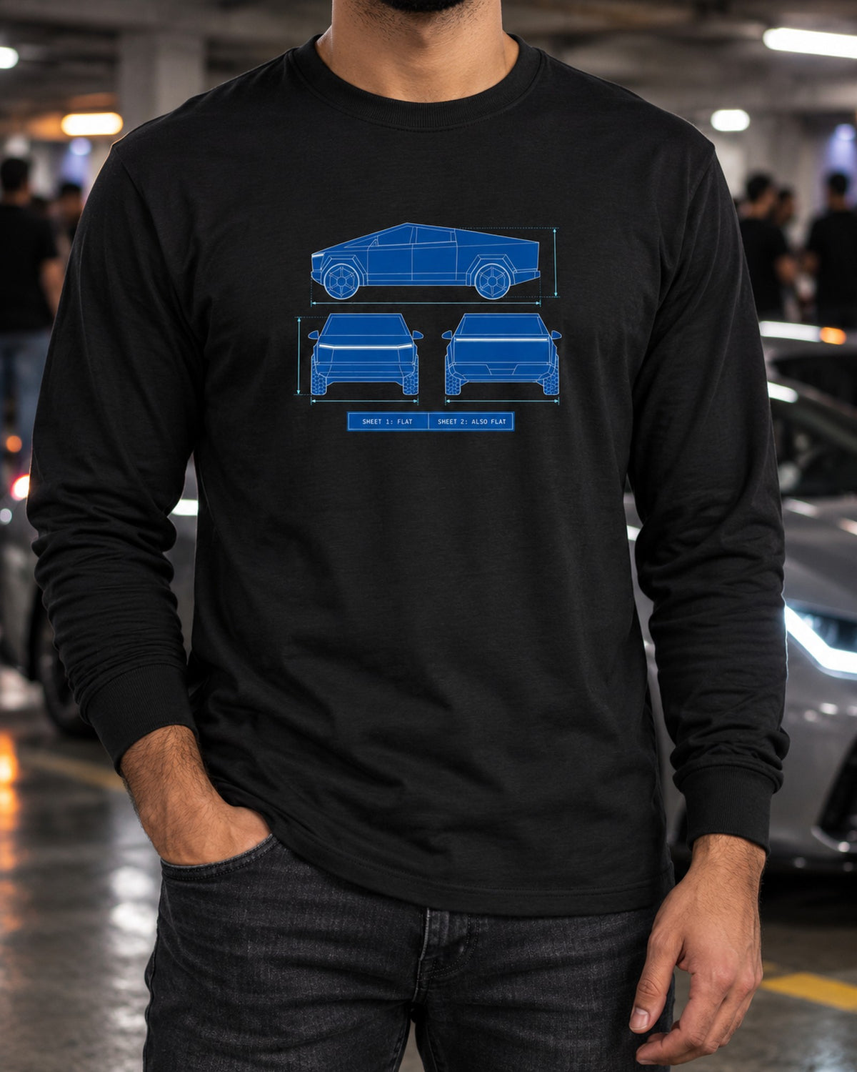 Tesla Cybertruck Flat Panel Blueprint Shirt, EV Truck Gift Long Sleeve Black worn hero