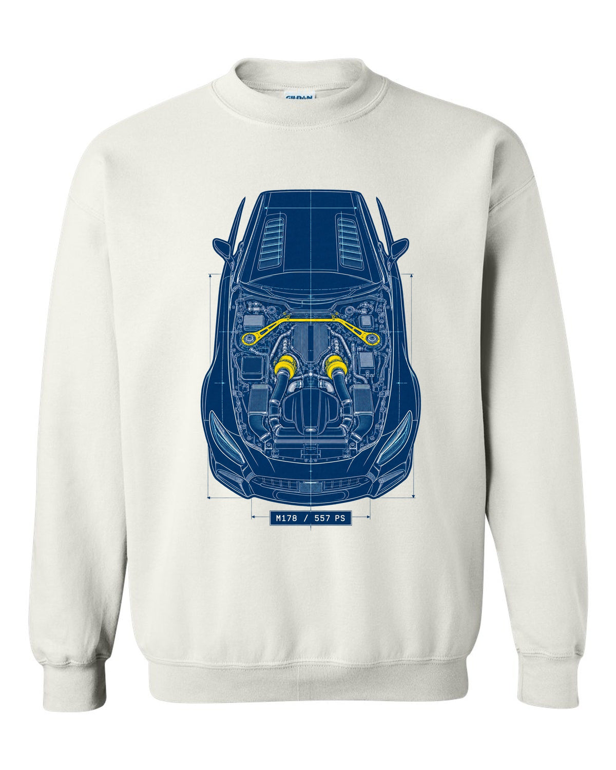 Neon synthwave illustration of Mercedes AMG GT R C190 tail lights with M178 4.0 Biturbo text white crewneck front view with the design