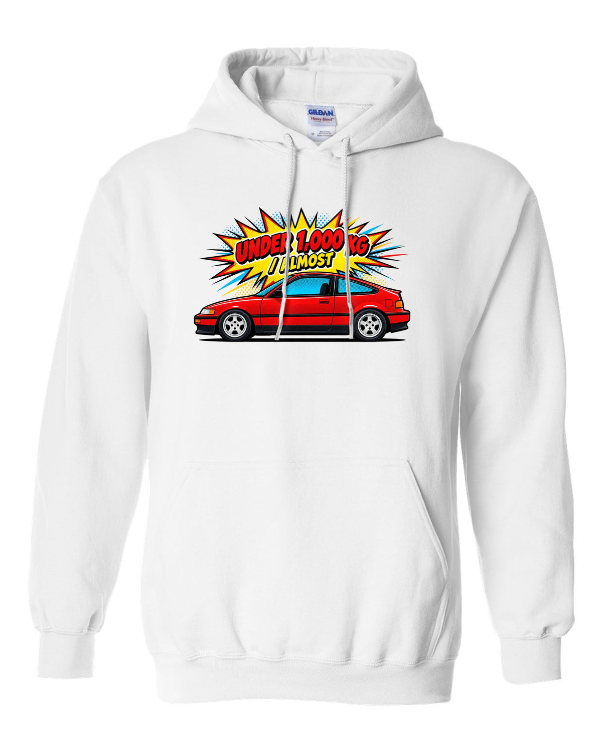 Pop-art Ben-Day halftone print of a Honda CRX EF8 Si with under 1,000 kg almost text white pull over hoodie front view with the design