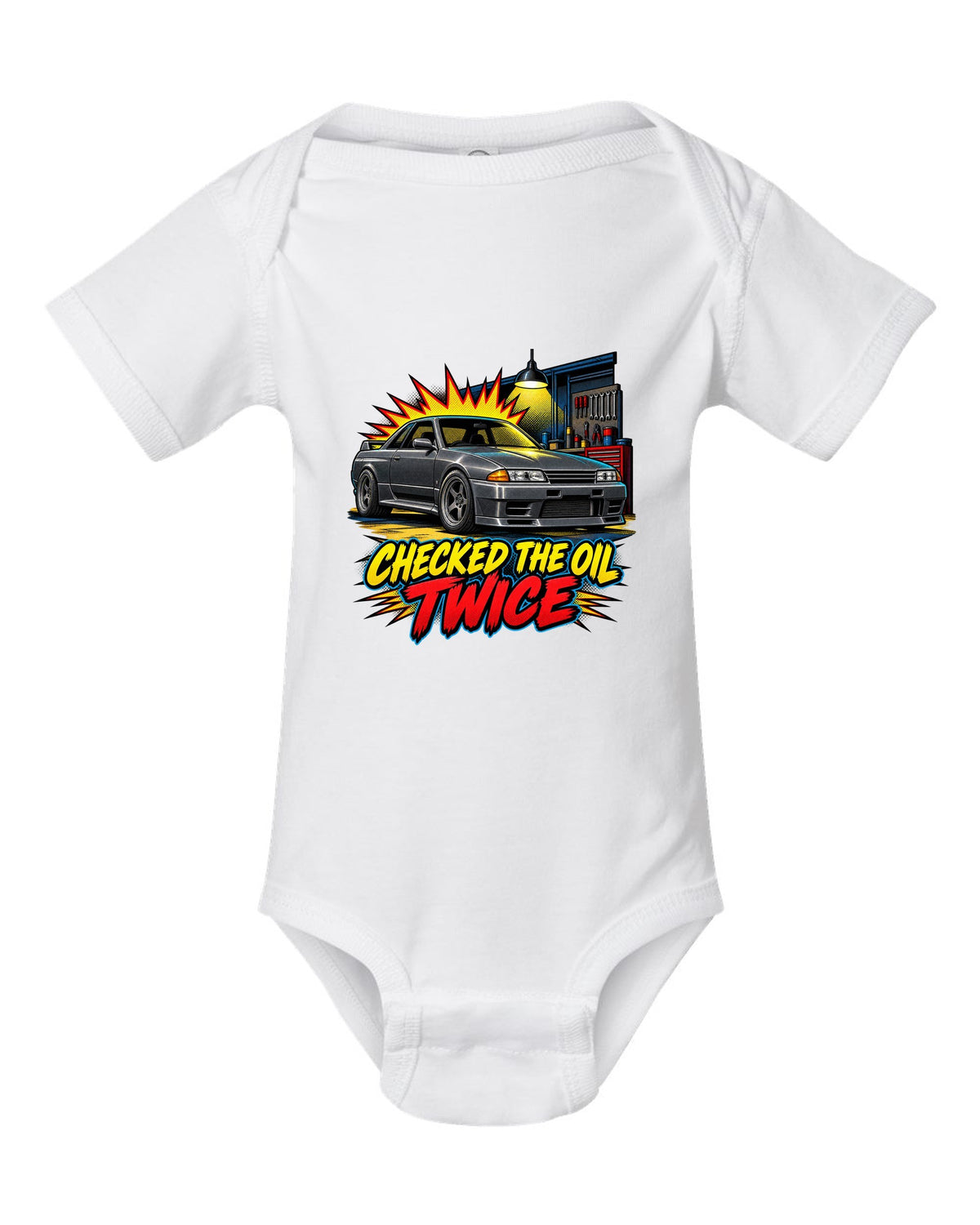 Comic halftone pop-art print of a Nissan Skyline GT-R R32 BNR32 in a garage white baby onesie front view with the design