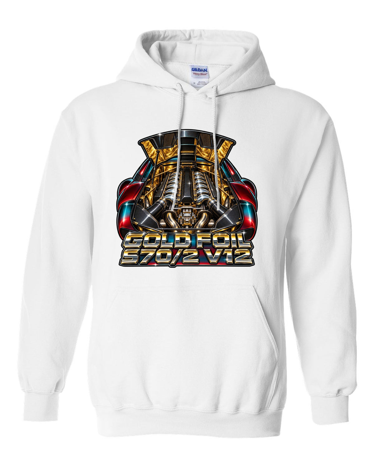 80s airbrush chrome print of the McLaren F1 gold foil engine bay with S70/2 V12 lettering white pull over hoodie front view with the design