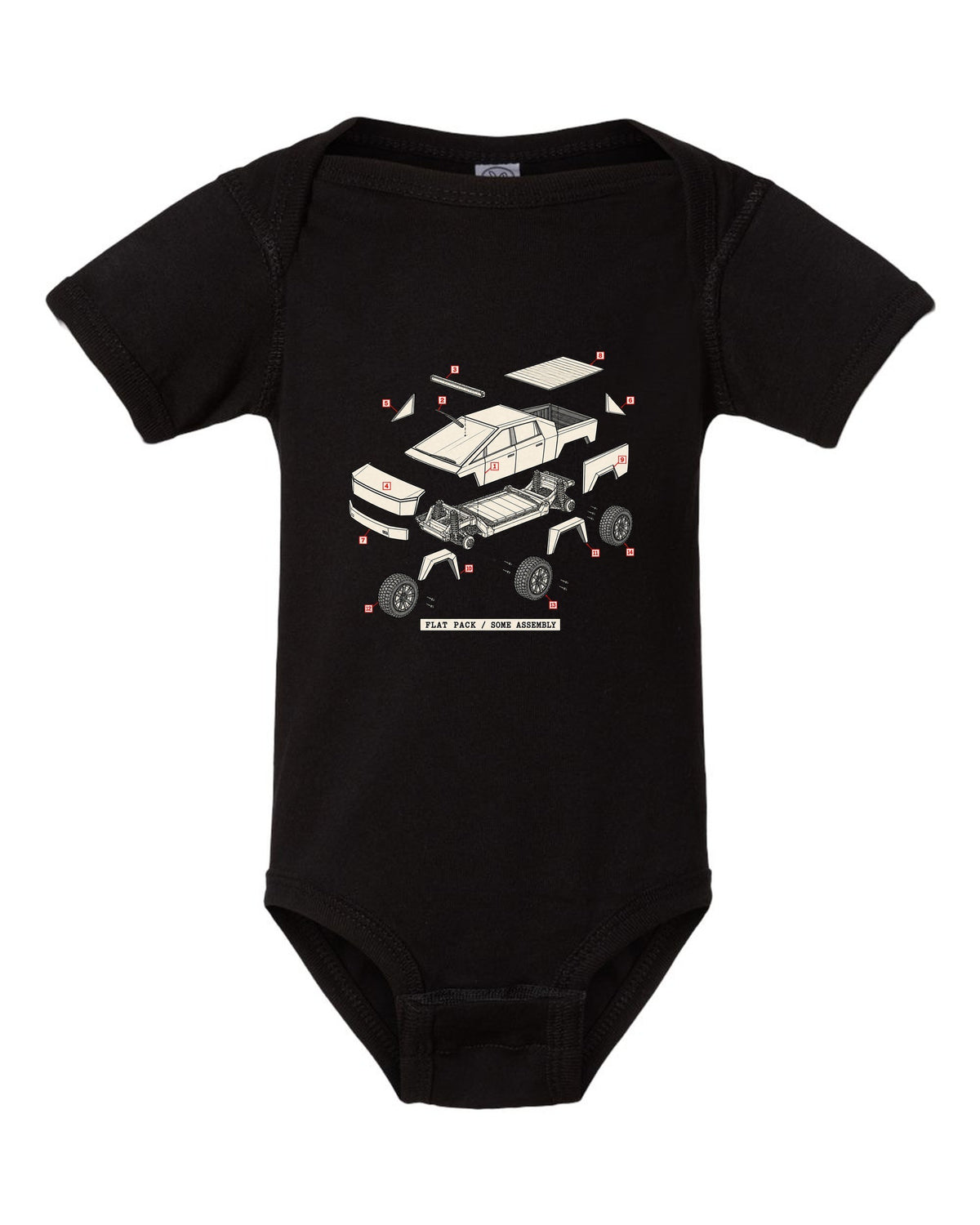 Isometric exploded-view patent drawing of a 2023 Tesla Cybertruck with the words Flat Pack Some Assembly black baby onesie front view with the design