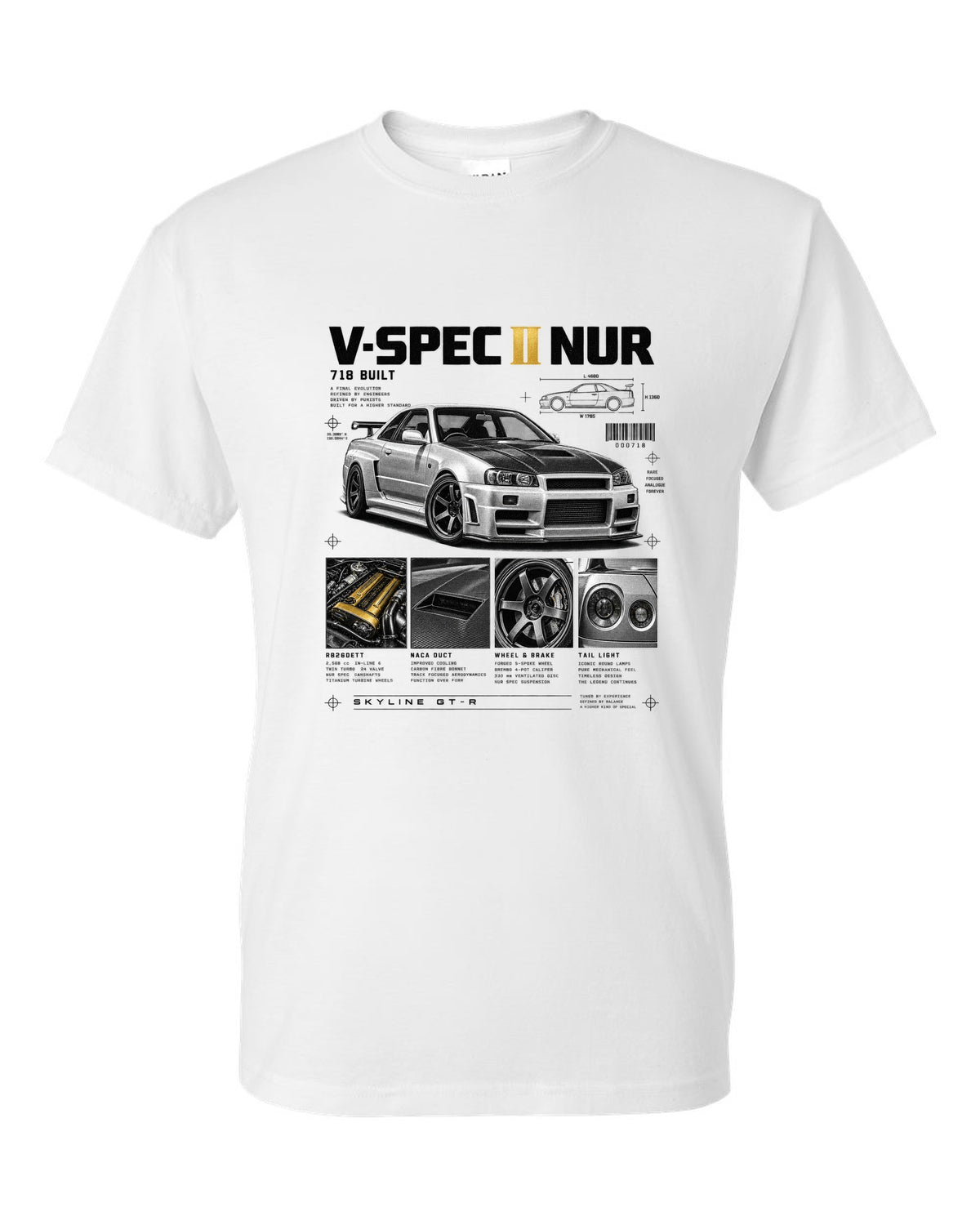 Dossier panels of a Nissan Skyline GT-R R34 V-Spec II Nur with 718 built and gold cam covers lettering white t-shirt front view with the design