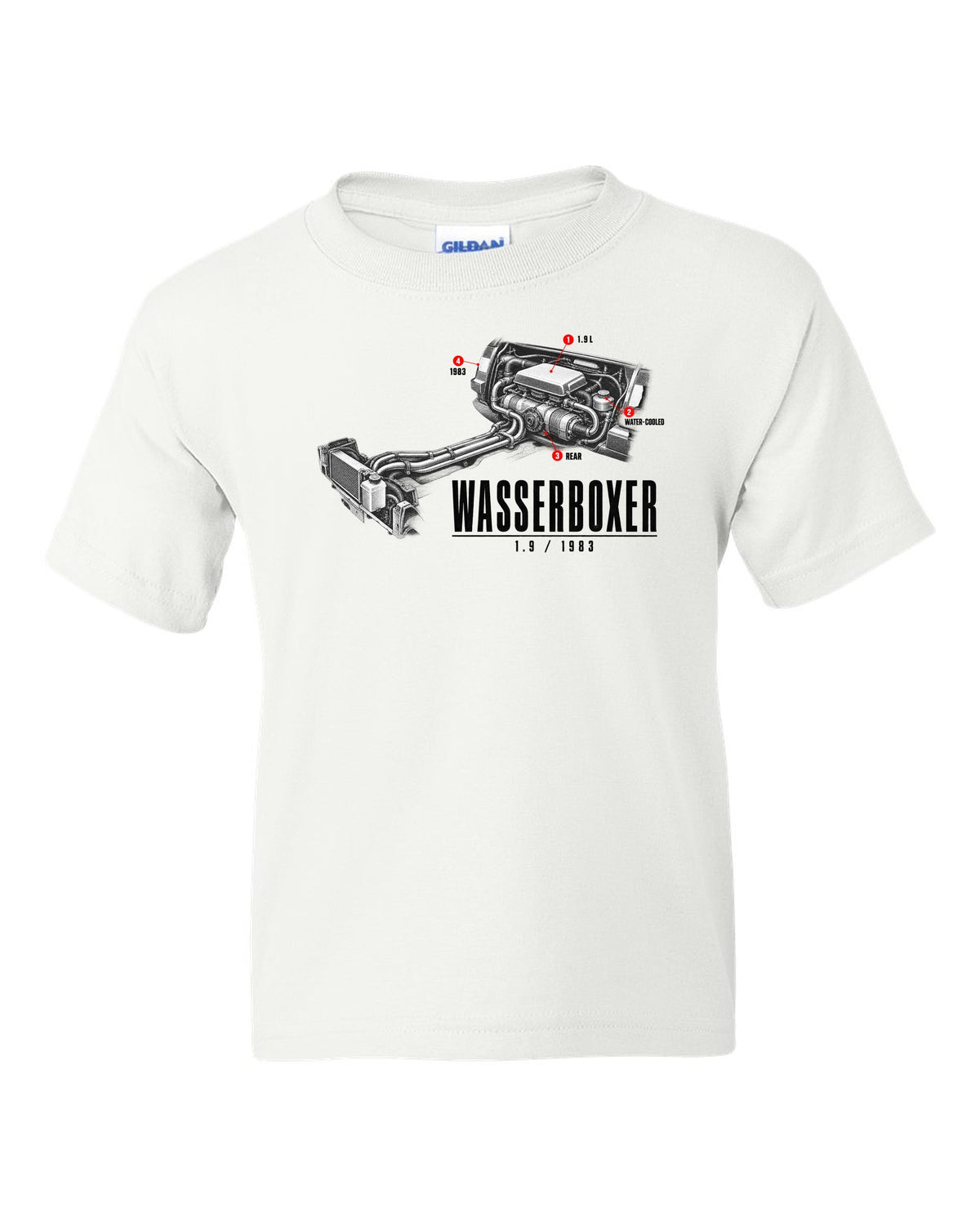 Engine hero print of the VW T3 Wasserboxer 1.9 water-cooled boxer engine with 1983 text white kids tee front view with the design