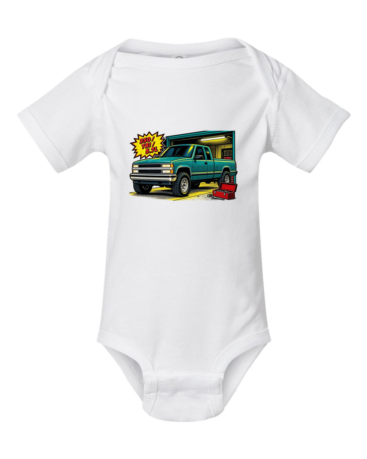 Comic halftone pop-art print of a 1988-1998 Chevrolet GMT400 OBS Silverado with 350 TBI 5.7L text white baby onesie front view with the design