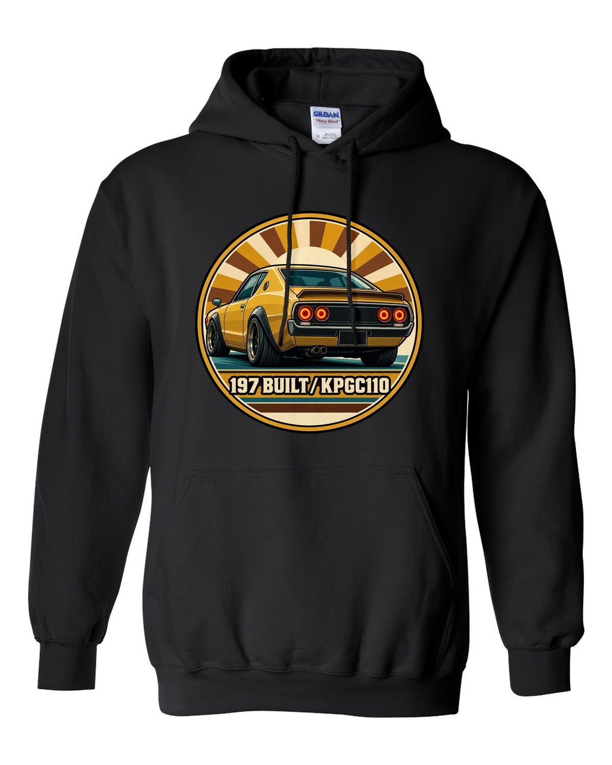 Round crest print for the Skyline Kenmeri KPGC110 with 197 Built lettering black pull over hoodie front view with the design