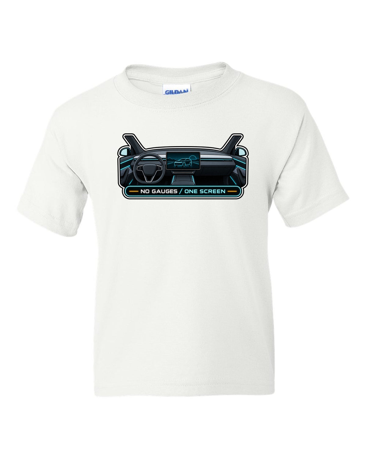 Gauge cluster HUD parody print of a Tesla Model Y Juniper reading No Gauges One Screen white kids tee front view with the design