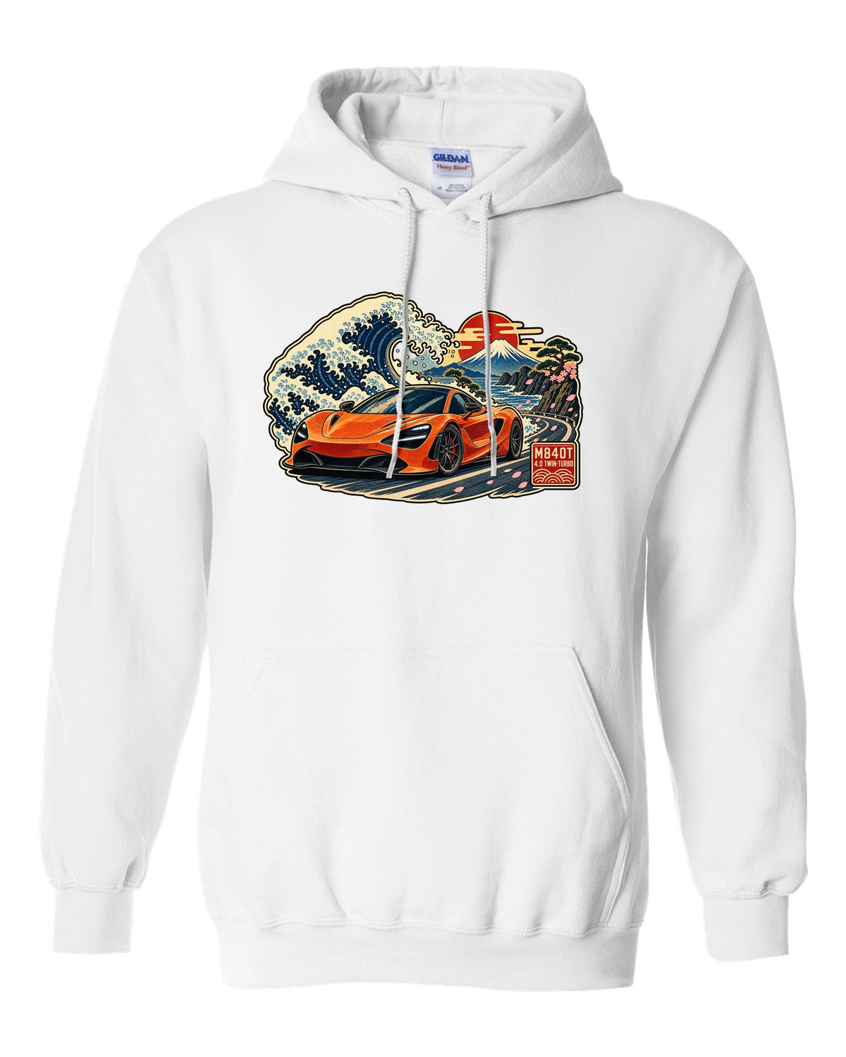 Ukiyo-e woodblock wave print of a McLaren 720S with M840T and 4.0 Twin-Turbo lettering white pull over hoodie front view with the design