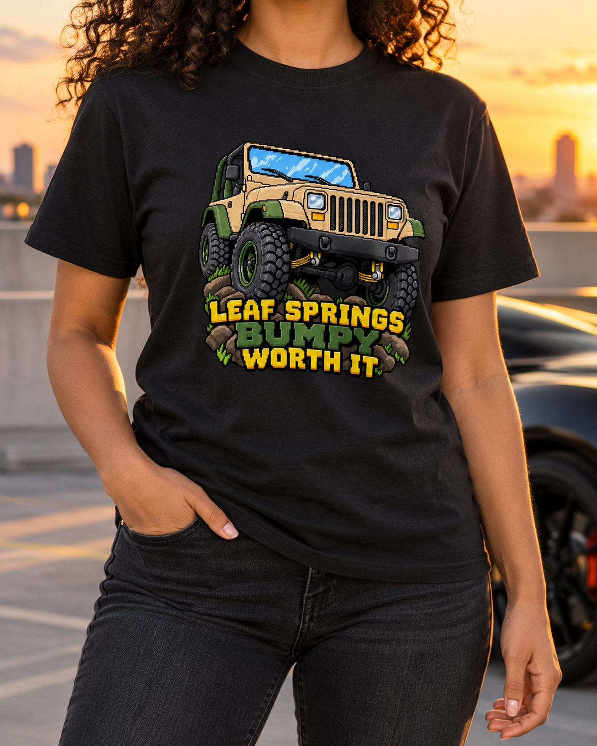 Jeep Wrangler YJ Leaf Spring 16-Bit Pixel Art Tee, Bumpy Worth It T-Shirt Black worn hero