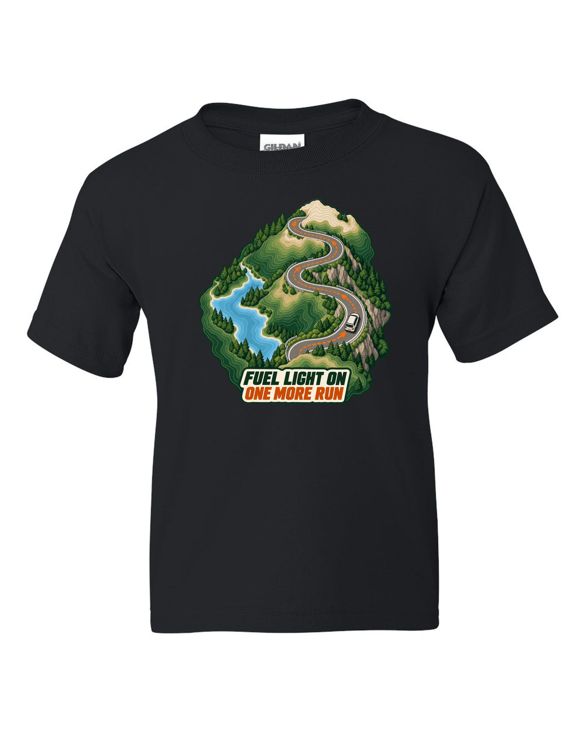 Topographic route map print of a Toyota Corolla Levin AE86 with Fuel Light On lettering black kids tee front view with the design
