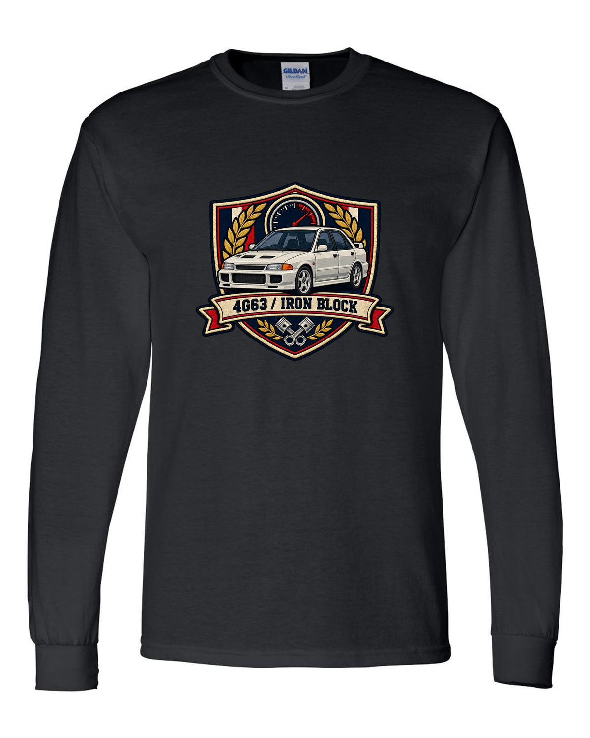 Mitsubishi Lancer Evolution I CD9A embroidered varsity crest print, 4G63 / IRON BLOCK black long sleeve front view with the design
