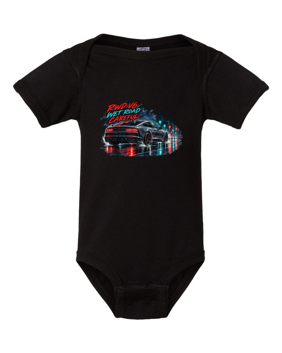 Watercolour wet-road night print of a Kia Stinger GT CK with RWD V6 wet road careful text black baby onesie front view with the design