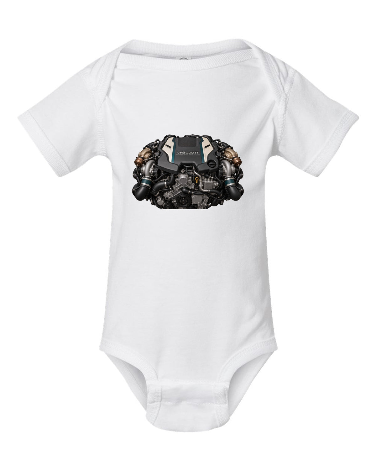 Nissan VR30DDTT 3.0 litre twin-turbo V6 engine bay poster style print white baby onesie front view with the design