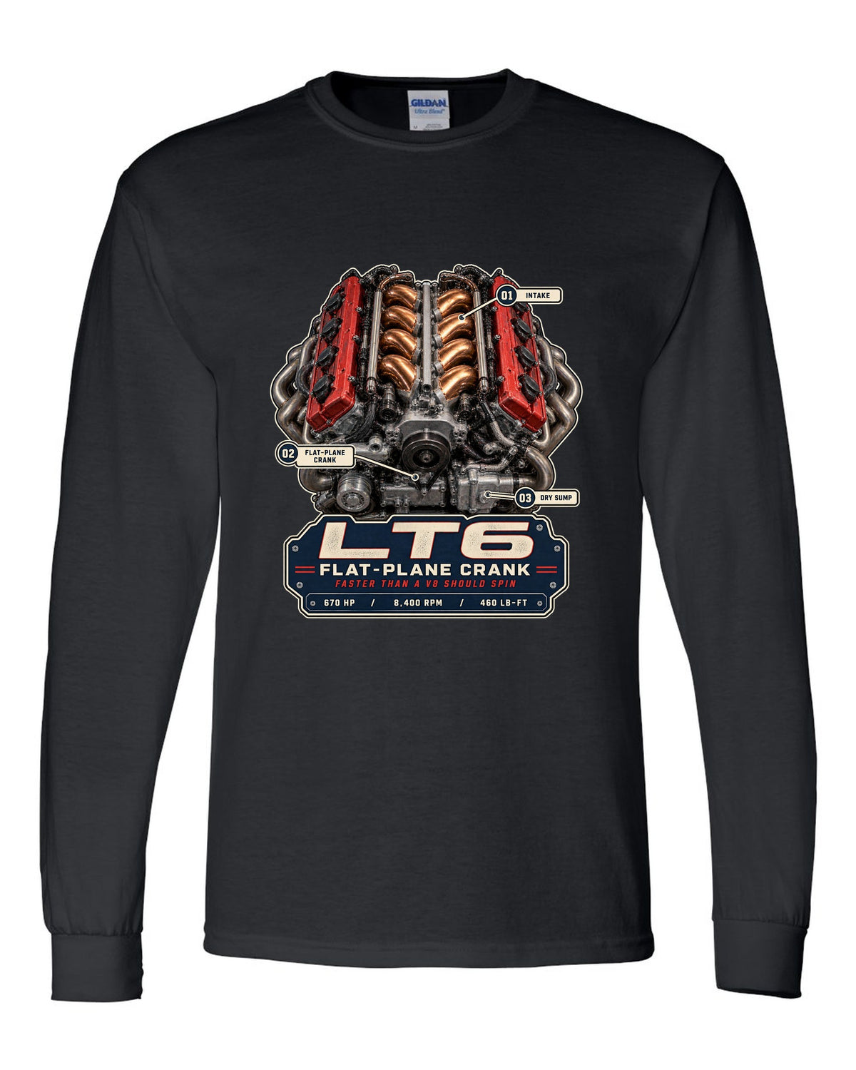 Engine hero print of the LT6 flat-plane V8 in a Chevrolet Corvette C8 Z06 black long sleeve front view with the design