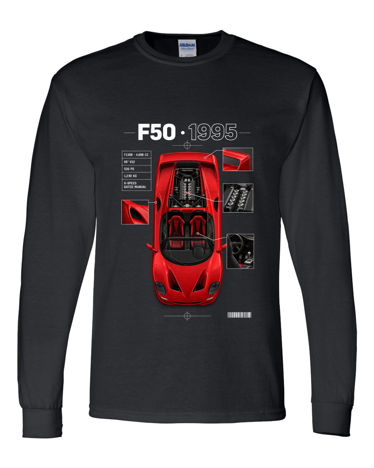 Ferrari F50 1995 top-down plan spec poster print, F130B 4,698 cc V12, 520 PS black long sleeve front view with the design