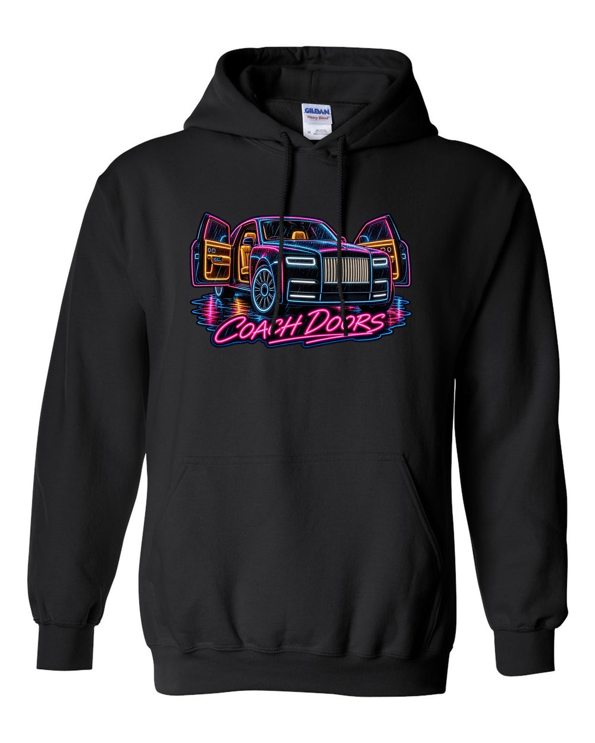 Neon sign style print of a Rolls-Royce Phantom VIII in rain with coach doors lettering black pull over hoodie front view with the design