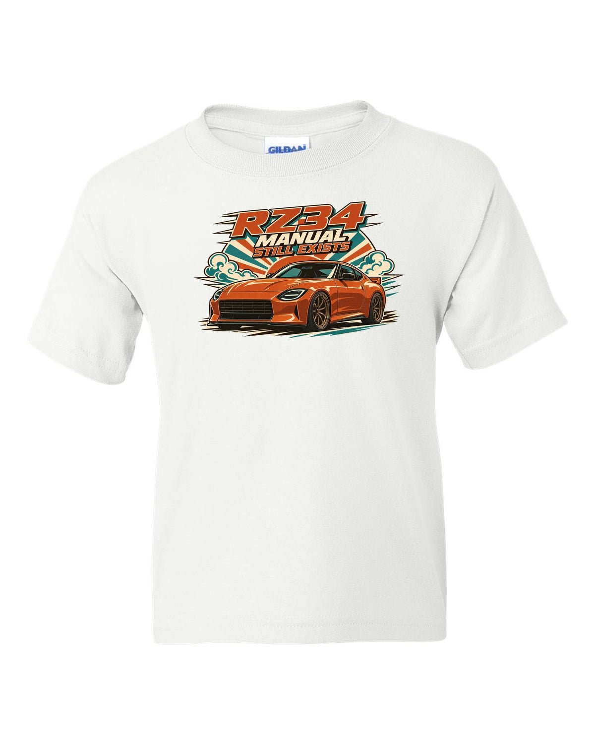 1970s Showa catalogue ad style print of the Nissan Z RZ34 white kids tee front view with the design