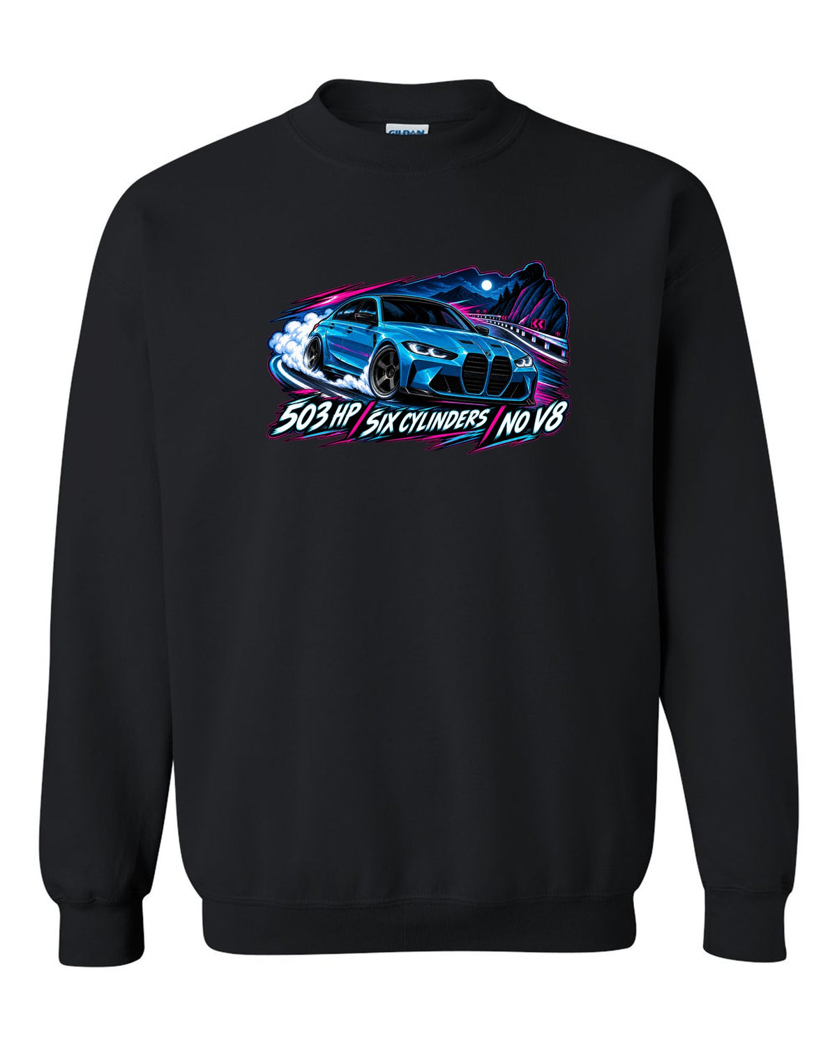 BMW G80 M3 Competition cel-shaded anime night touge print with 503 HP text black crewneck front view with the design