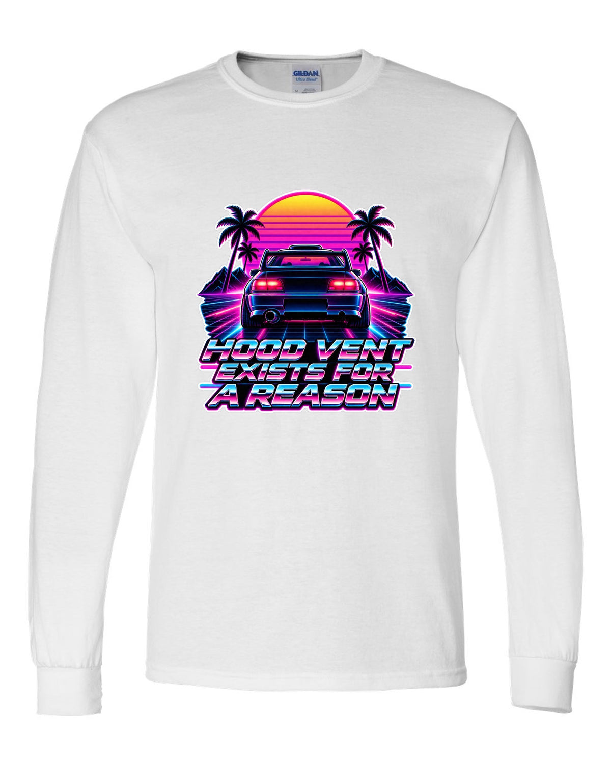 Synthwave outrun illustration of a Toyota Celica GT-Four ST205 with hood vent lettering white long sleeve front view with the design