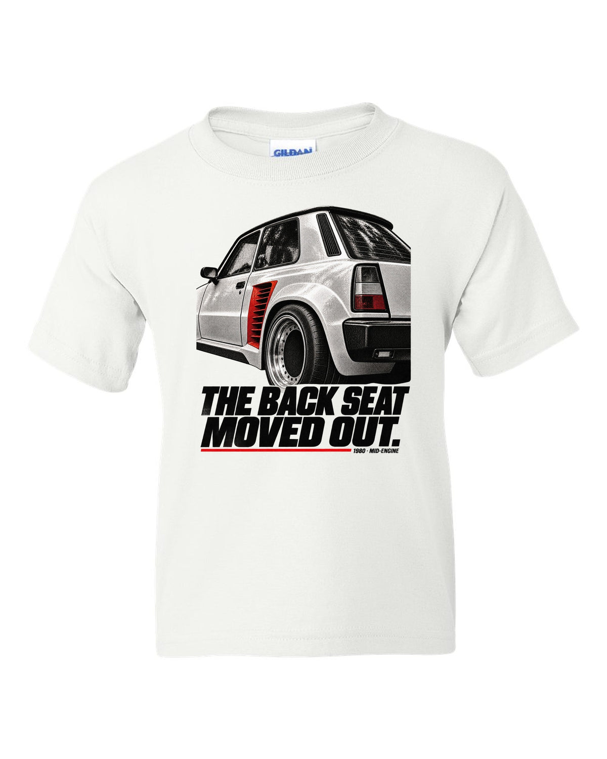 Renault 5 Turbo rear detail macro print with back seat caption white kids tee front view with the design