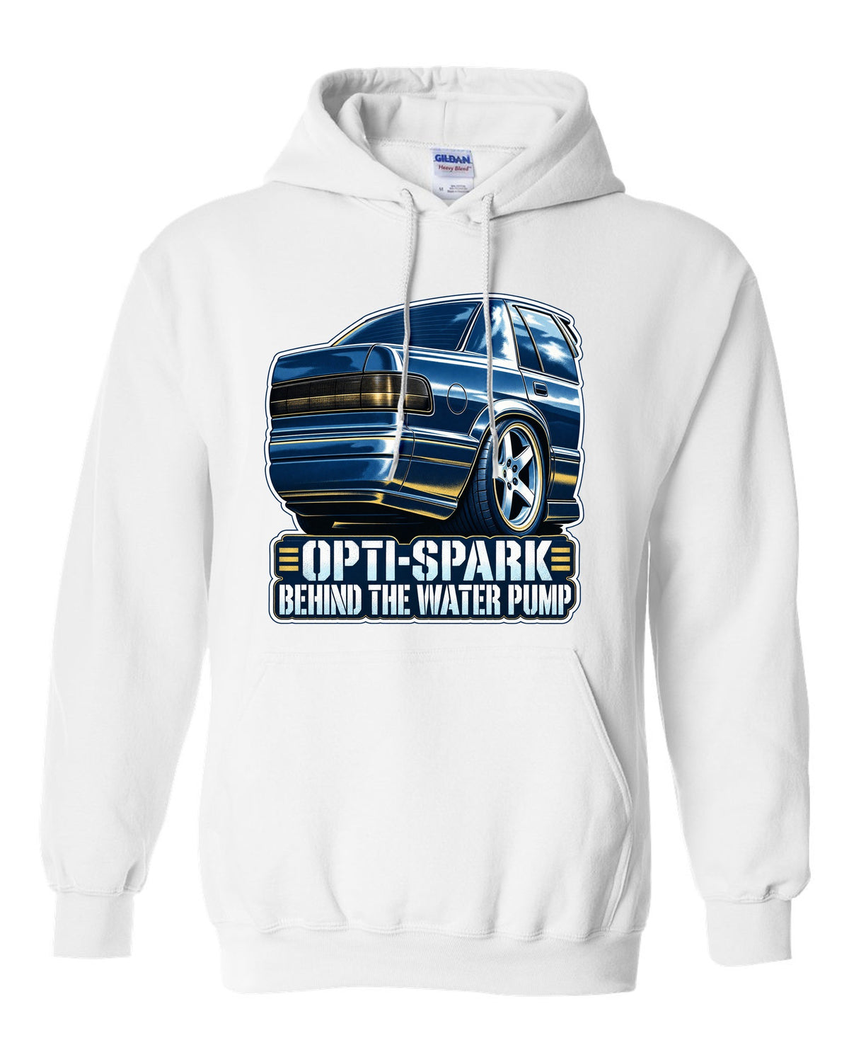 Blue cyanotype print of a 1994-96 Chevrolet Impala SS LT1 wheel with the text Opti-Spark Behind the Water Pump white pull over hoodie front view with the design