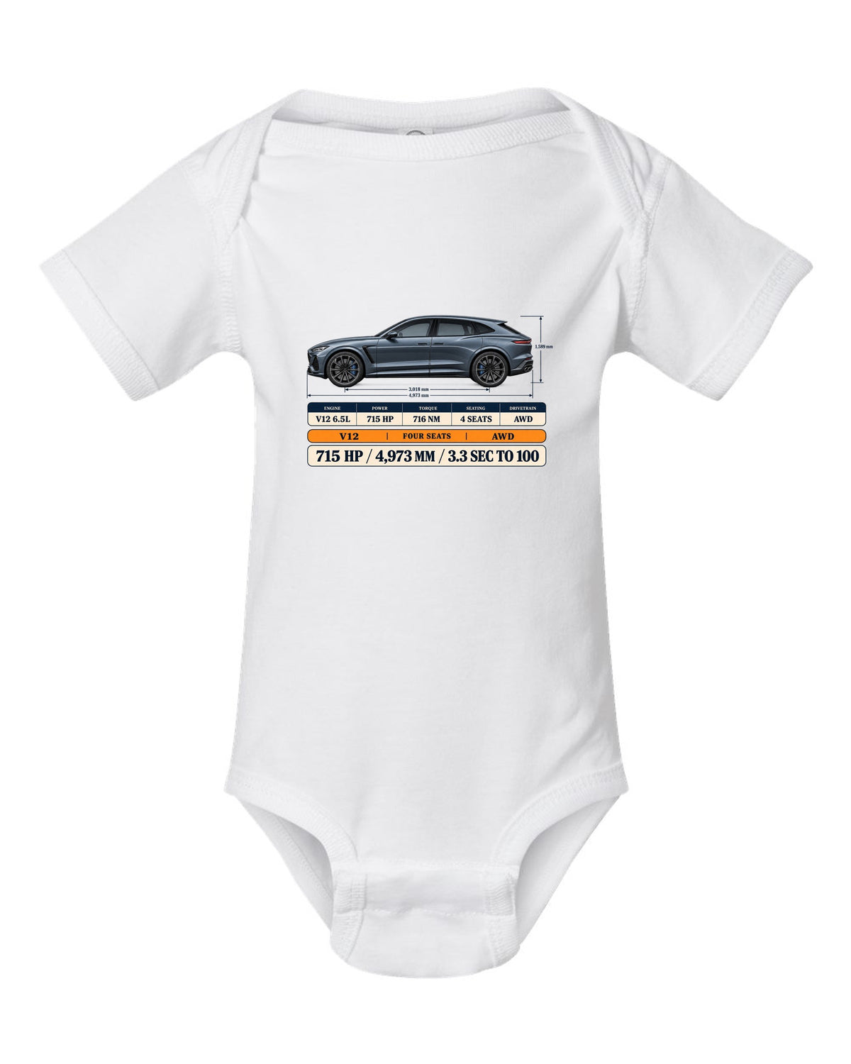 Spec poster print of the Ferrari Purosangue with power and length figures white baby onesie front view with the design